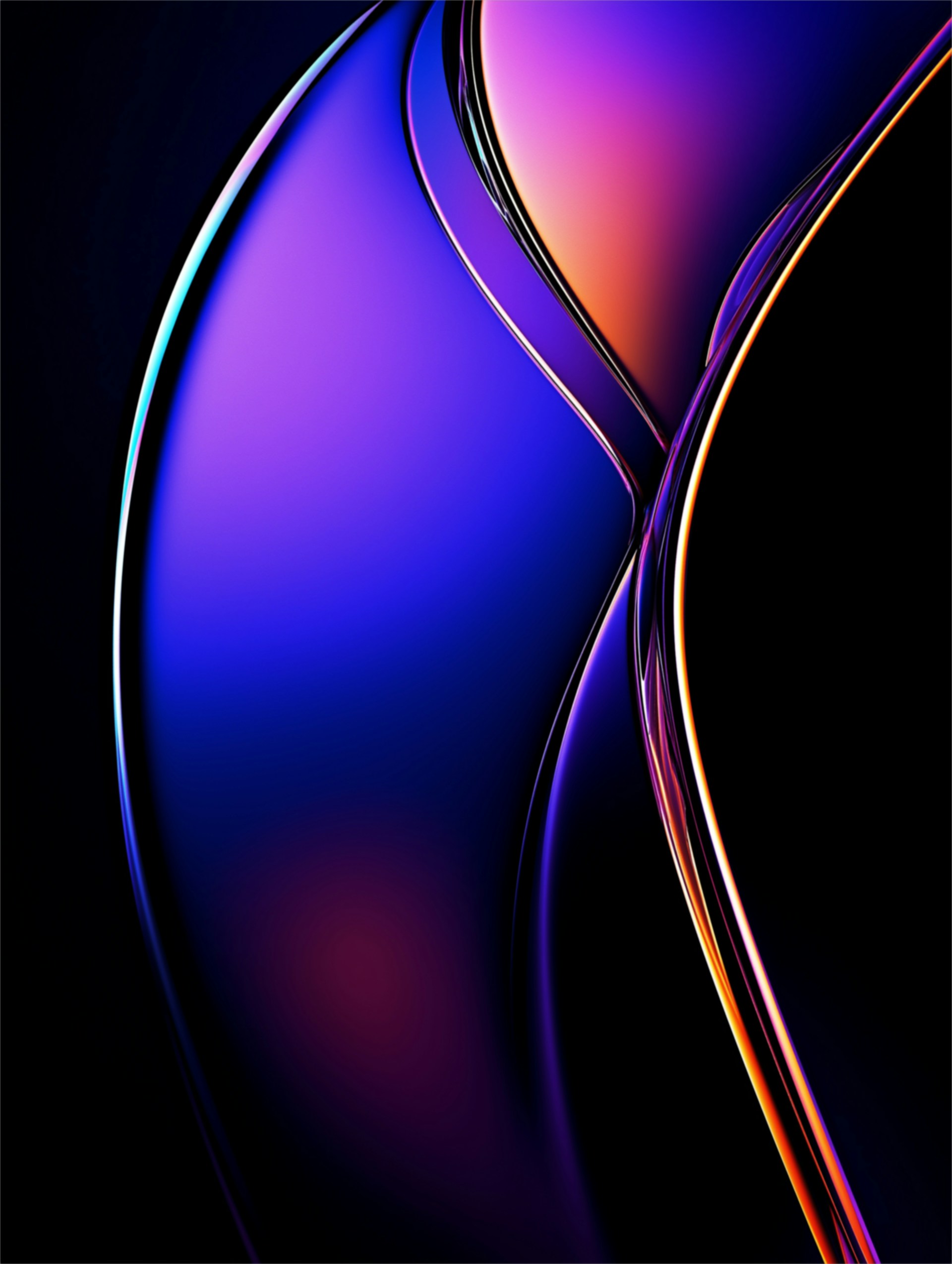 Abstract close-up of smooth, curved glass surfaces reflecting vibrant colors including purple, blue, orange, and black.