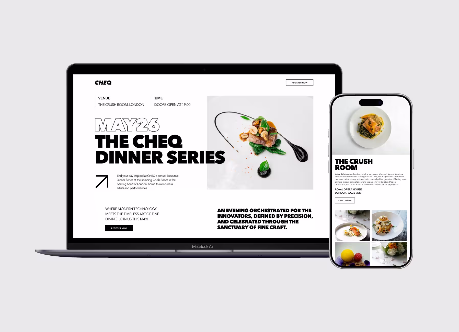 Event page for The CHEQ Dinner Series on May 26 at The Crush Room London with gourmet food photos.