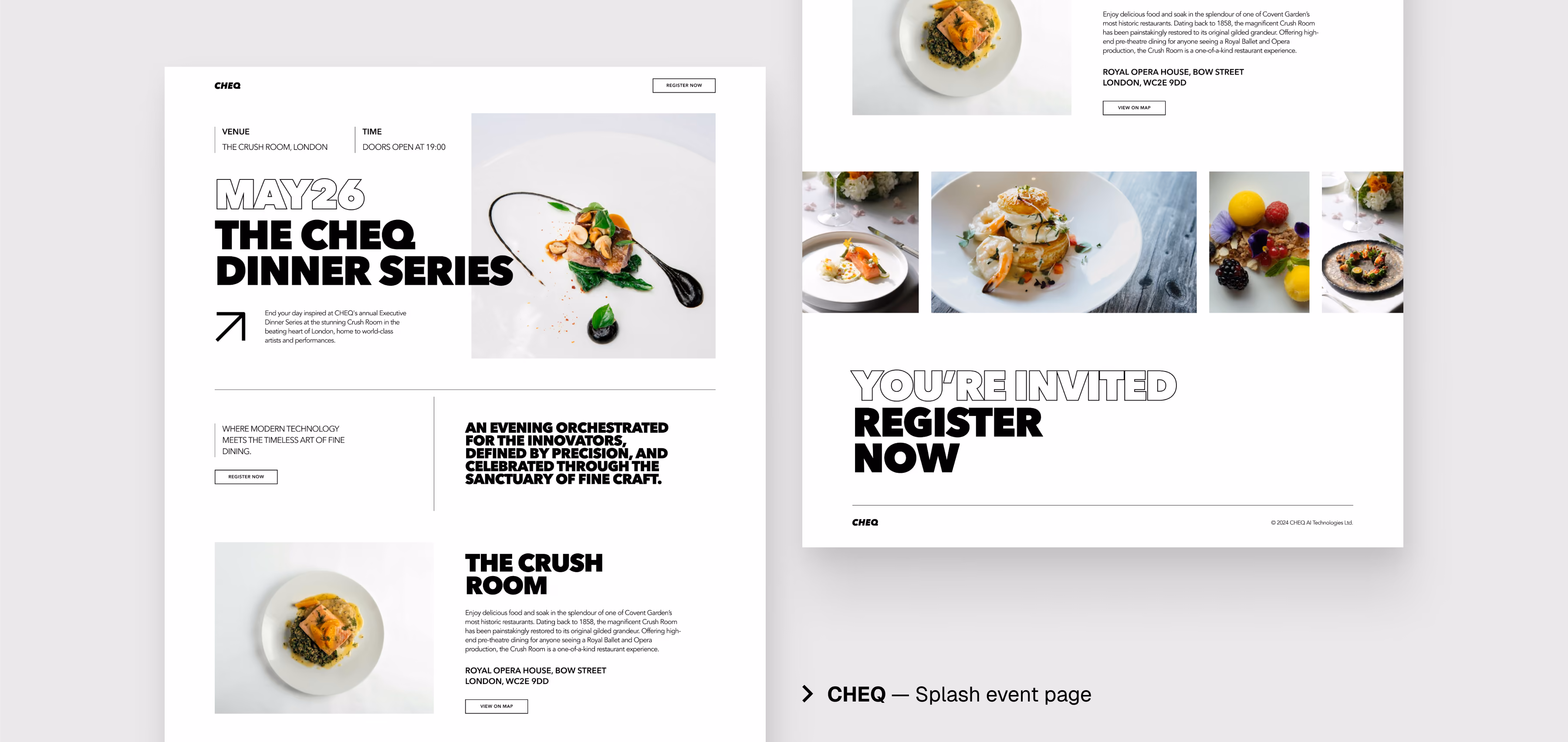 Event page for The CHEQ Dinner Series on May 26 at The Crush Room London with gourmet food photos.