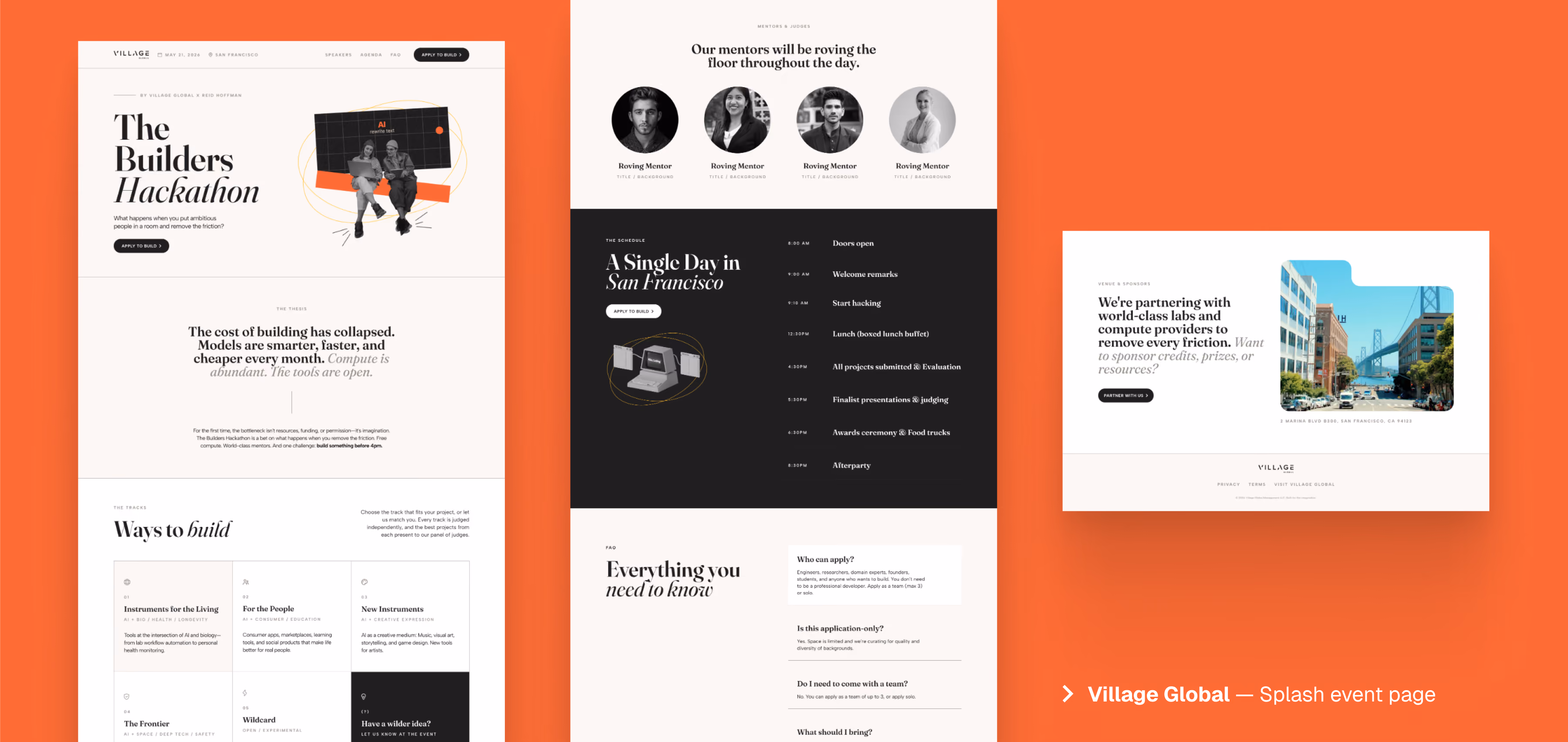 Website layout for The Builders Hackathon showing schedule, mentors, tracks, and partnership details.