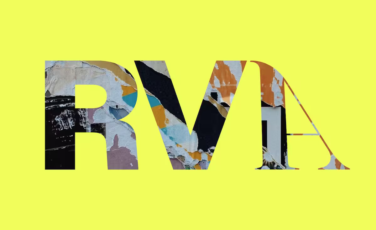 Large letters RVA with colorful urban wall texture inside on a bright yellow background.