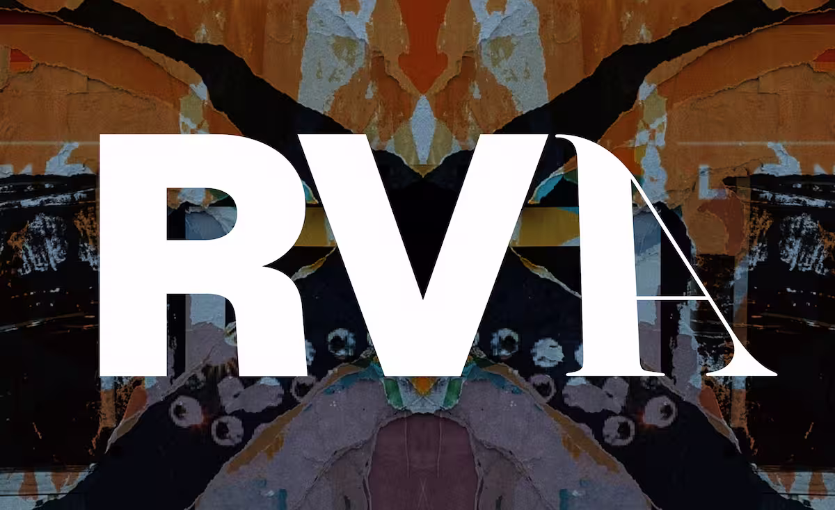 Large white letters RVA over a dark abstract textured background with orange and blue tones.