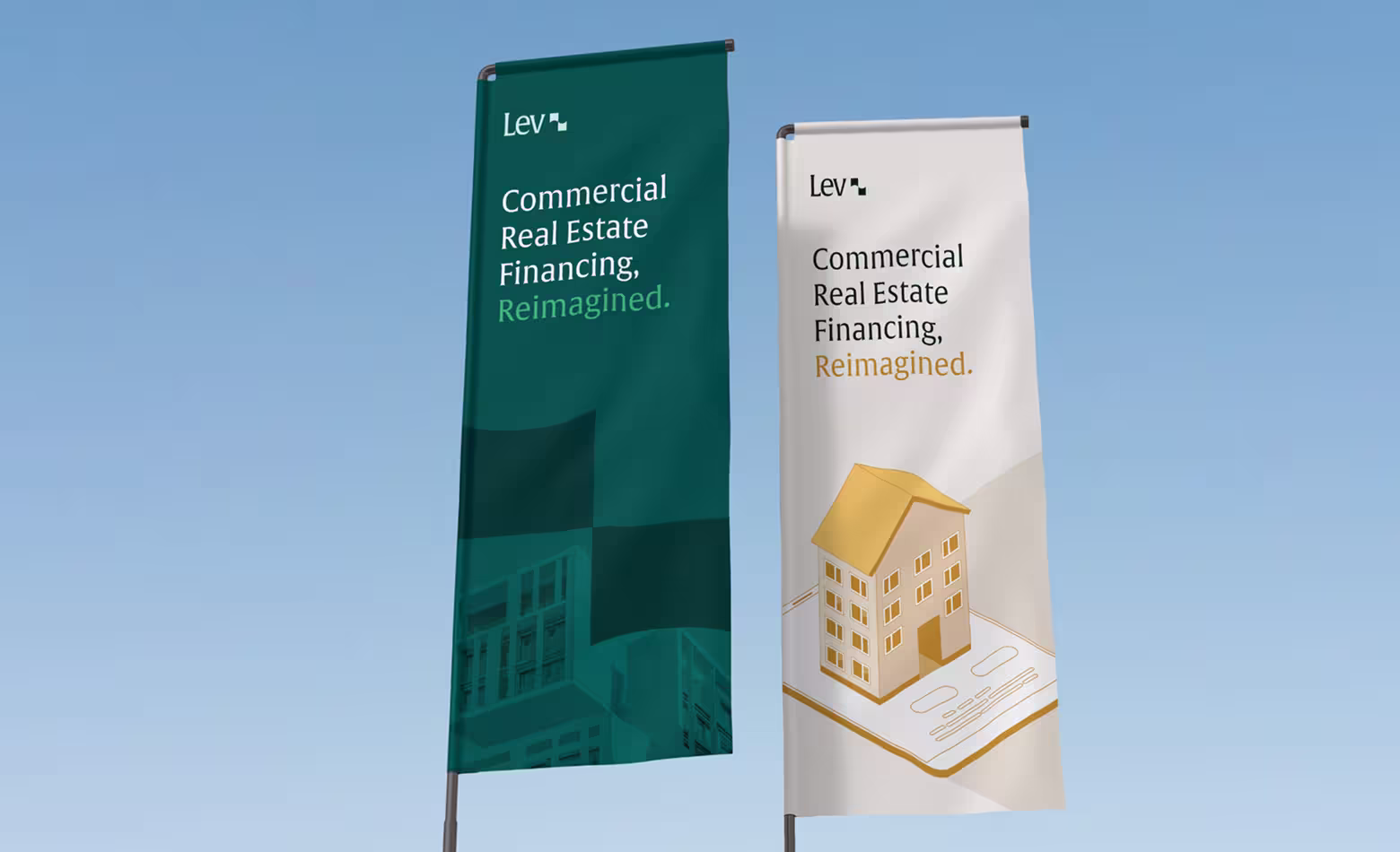 Two vertical flags with text "Commercial Real Estate Financing, Reimagined." and the Lev logo on a blue sky background.