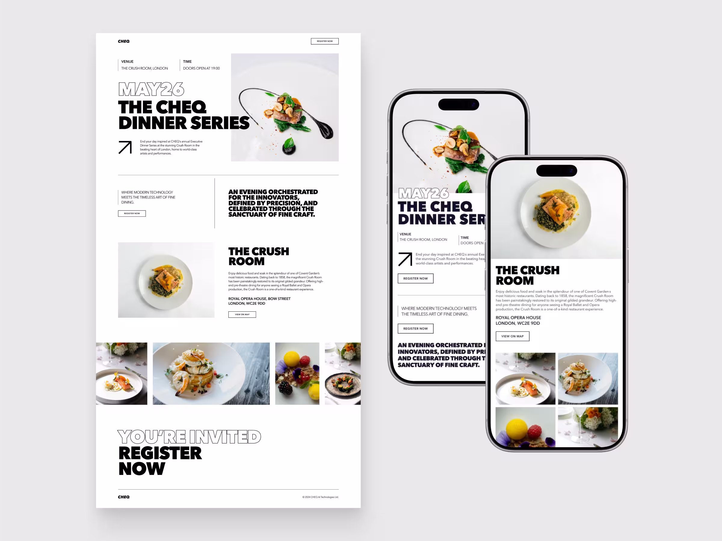 Event flyer and mobile screens for The Cheq Dinner Series at The Crush Room, London, on May 26 with gourmet food images.