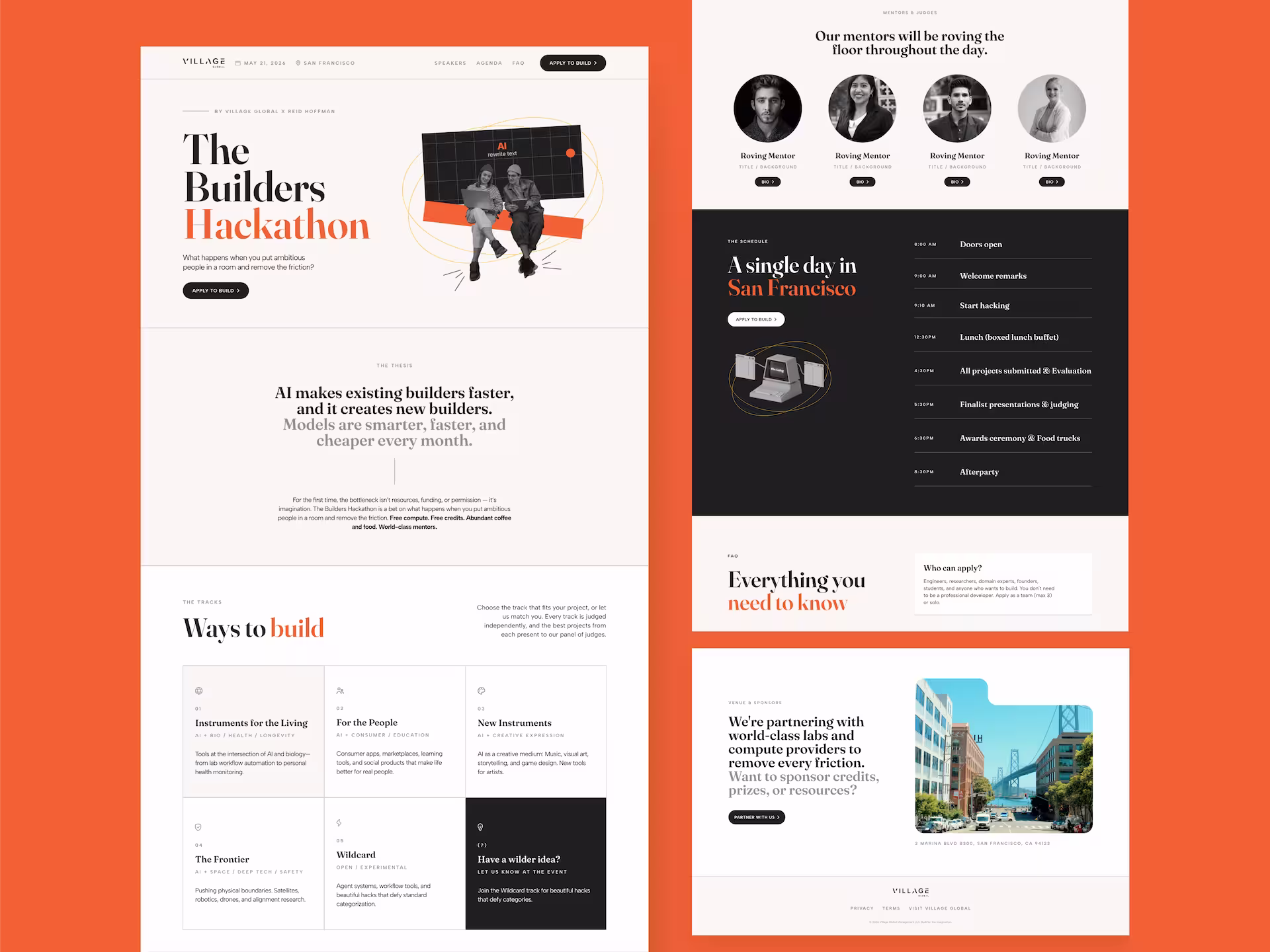 Website layout for The Builders Hackathon event with schedule, mentors, tracks, and venue info on an orange background.