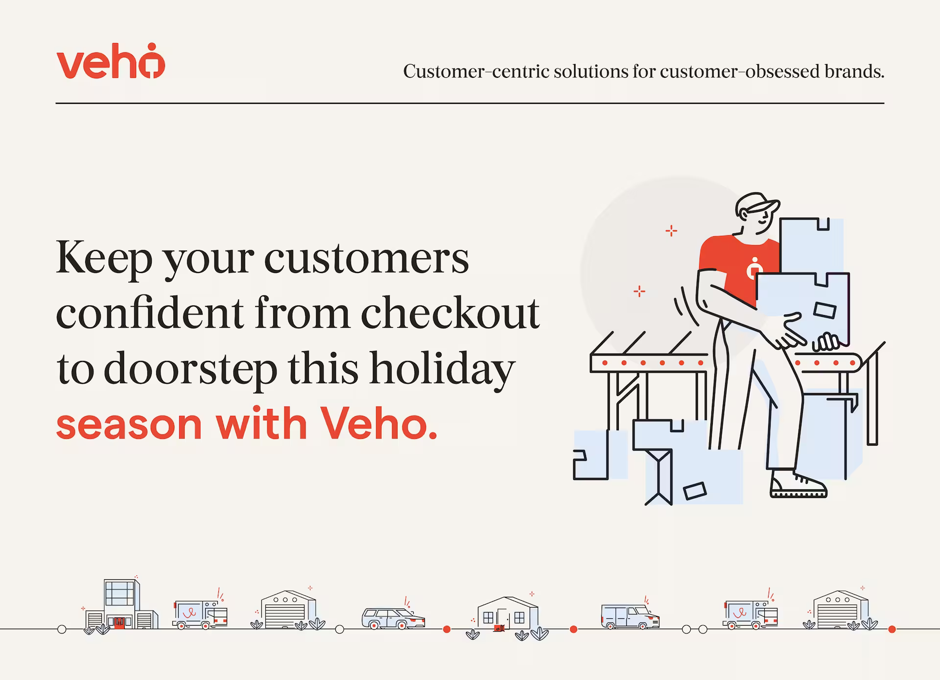 Marketing slides showing Veho's parcel delivery and return service with stats, client quotes, and process steps.