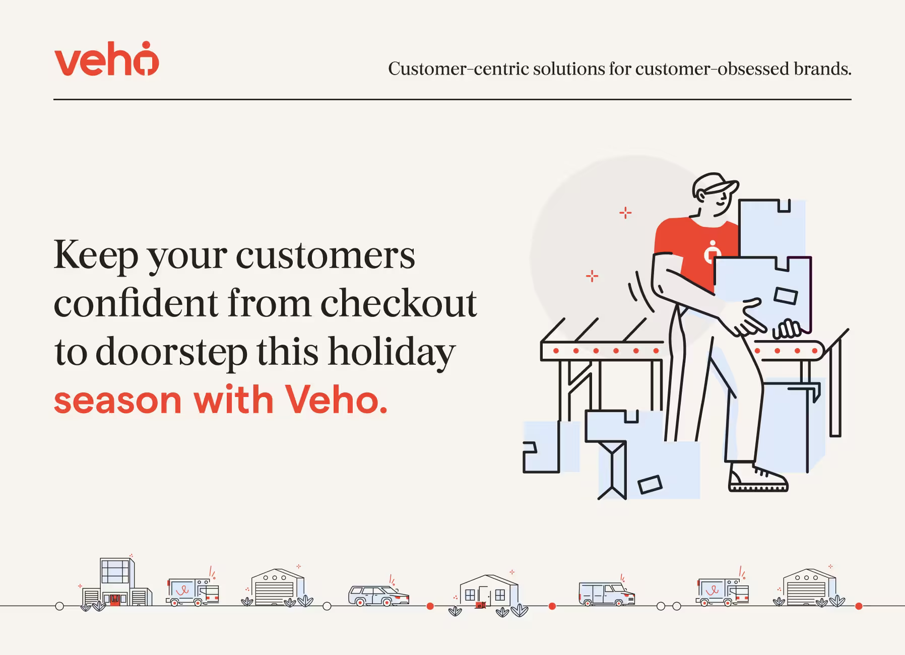 Marketing slides showing Veho's parcel delivery and return service with stats, client quotes, and process steps.