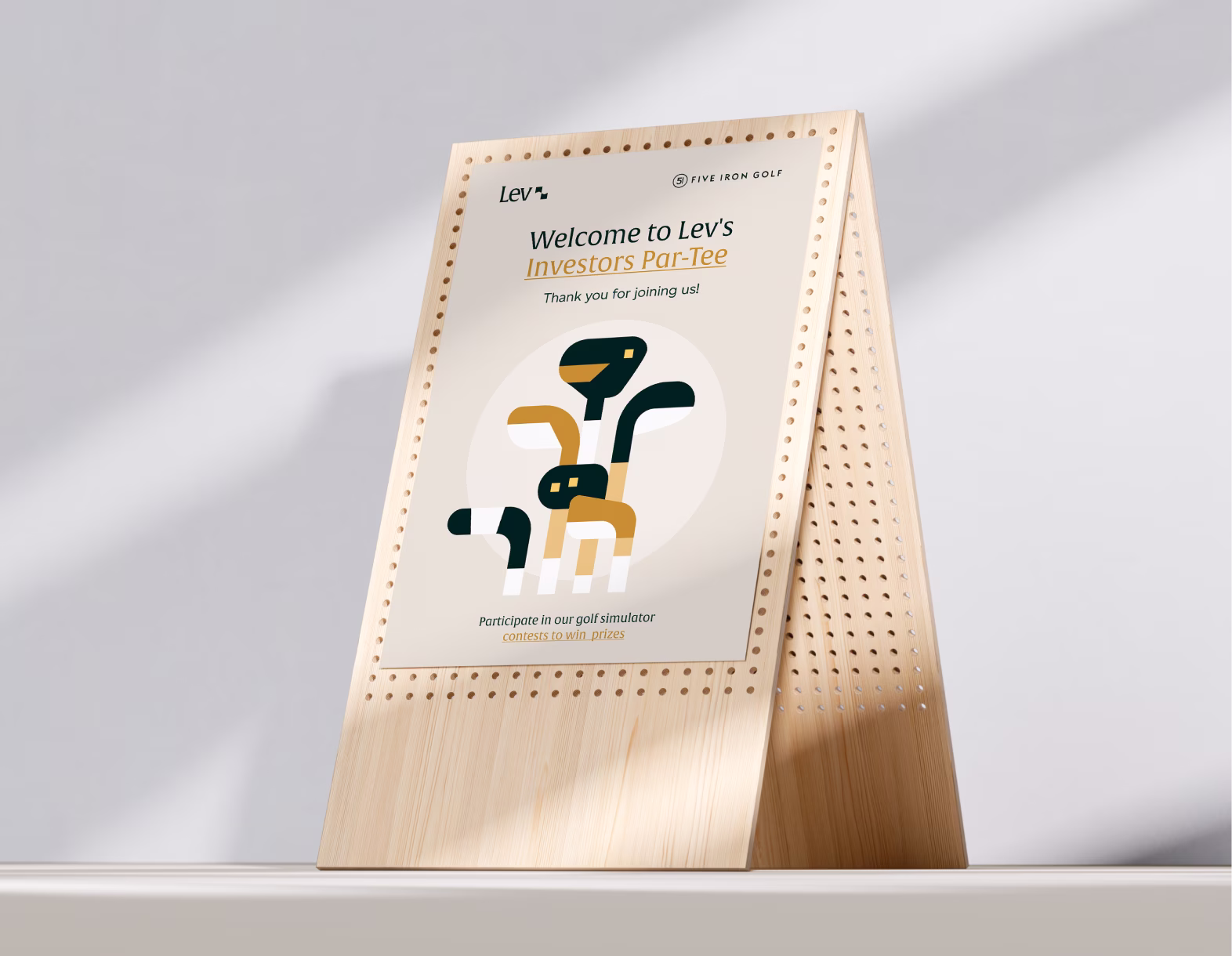 Wooden stand with a poster inviting to Lev's Investors Par-Tee golf simulator event with golf club graphics.