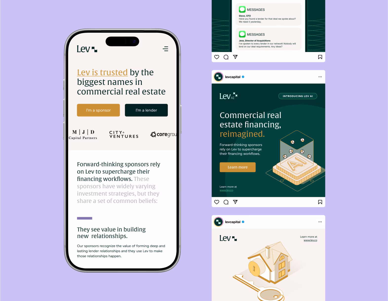 Smartphone showing Lev site about trusted commercial real estate financing and sponsors building lender relations.