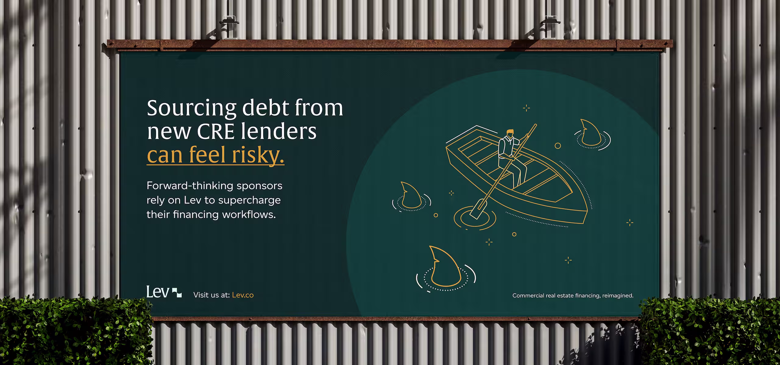 Banner with text about risky CRE lenders beside illustration of man rowing a boat near shark fins.
