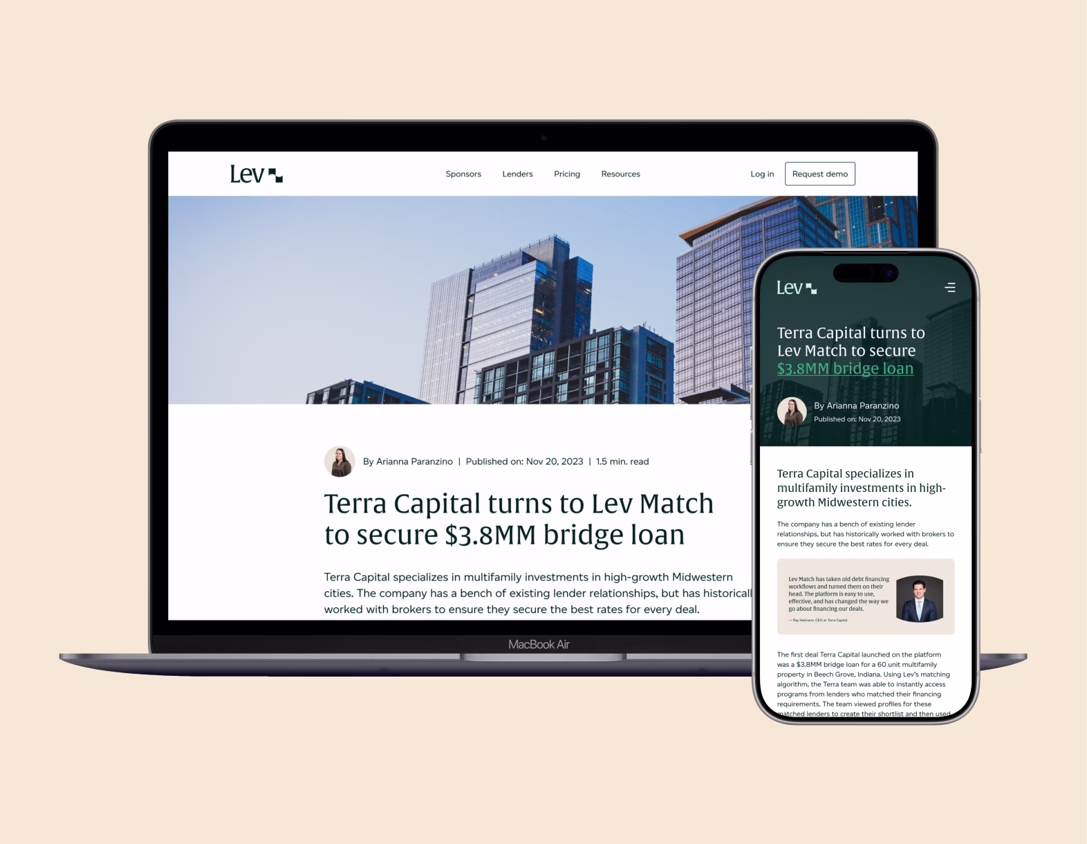 Laptop and phone displaying a Lev case study about Terra Capital securing a $3.8M bridge loan.