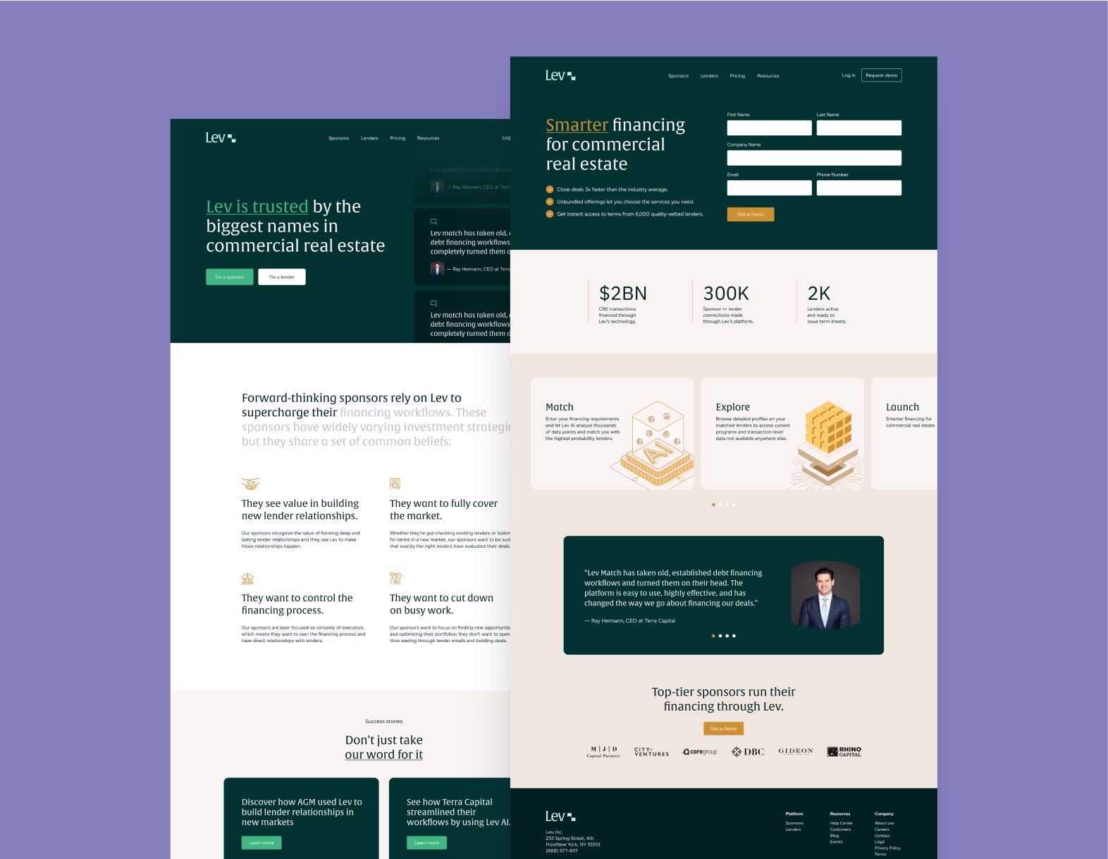 Website homepage for Lev showing commercial real estate financing, user form, stats, testimonials, and sponsor logos.