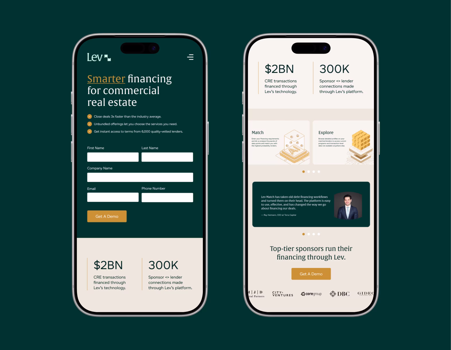 Two smartphone screens showing Lev app for smarter commercial real estate financing and stats.