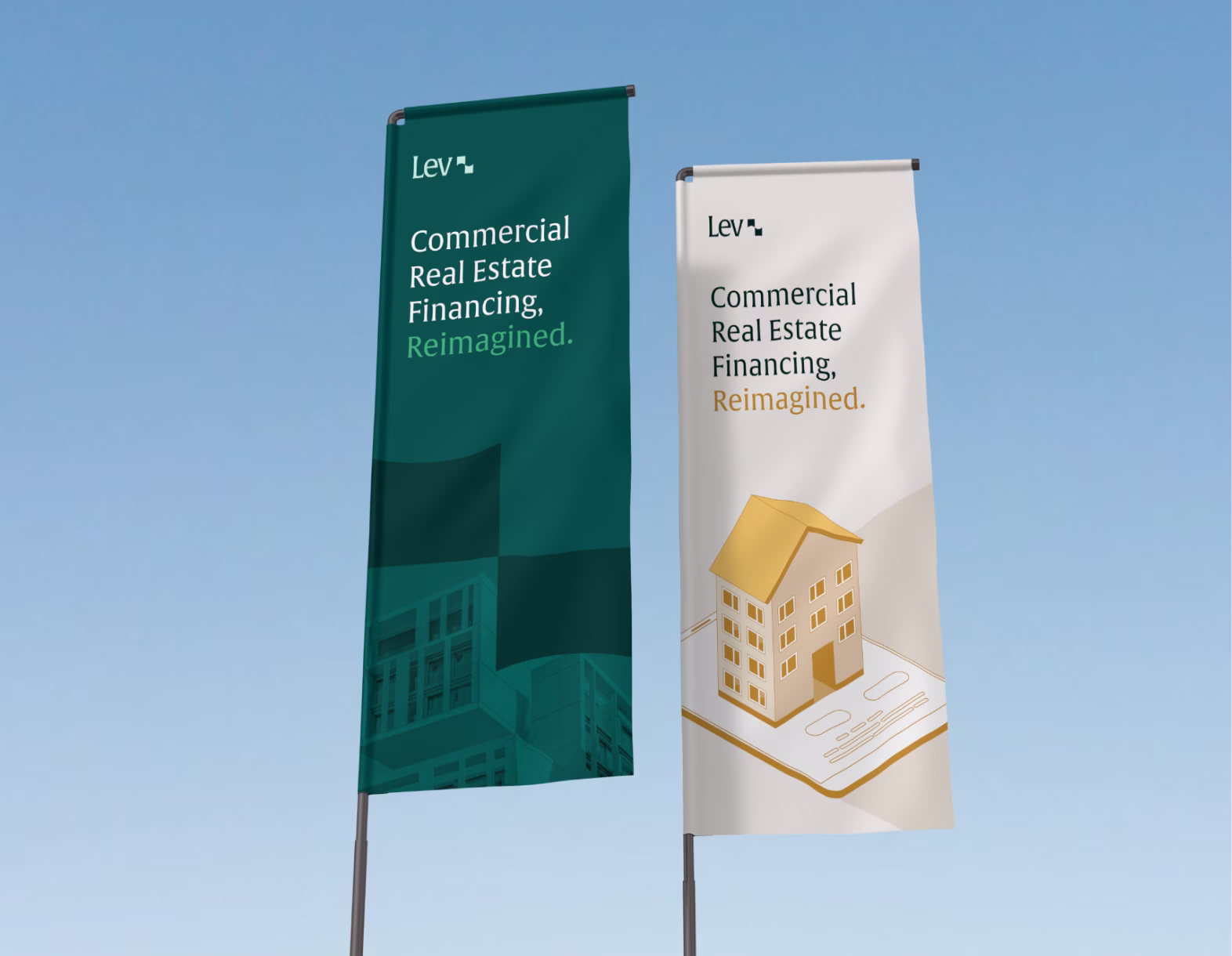 Two flags with Lev logo and text: Commercial Real Estate Financing, Reimagined, one dark green, one white with building icon.