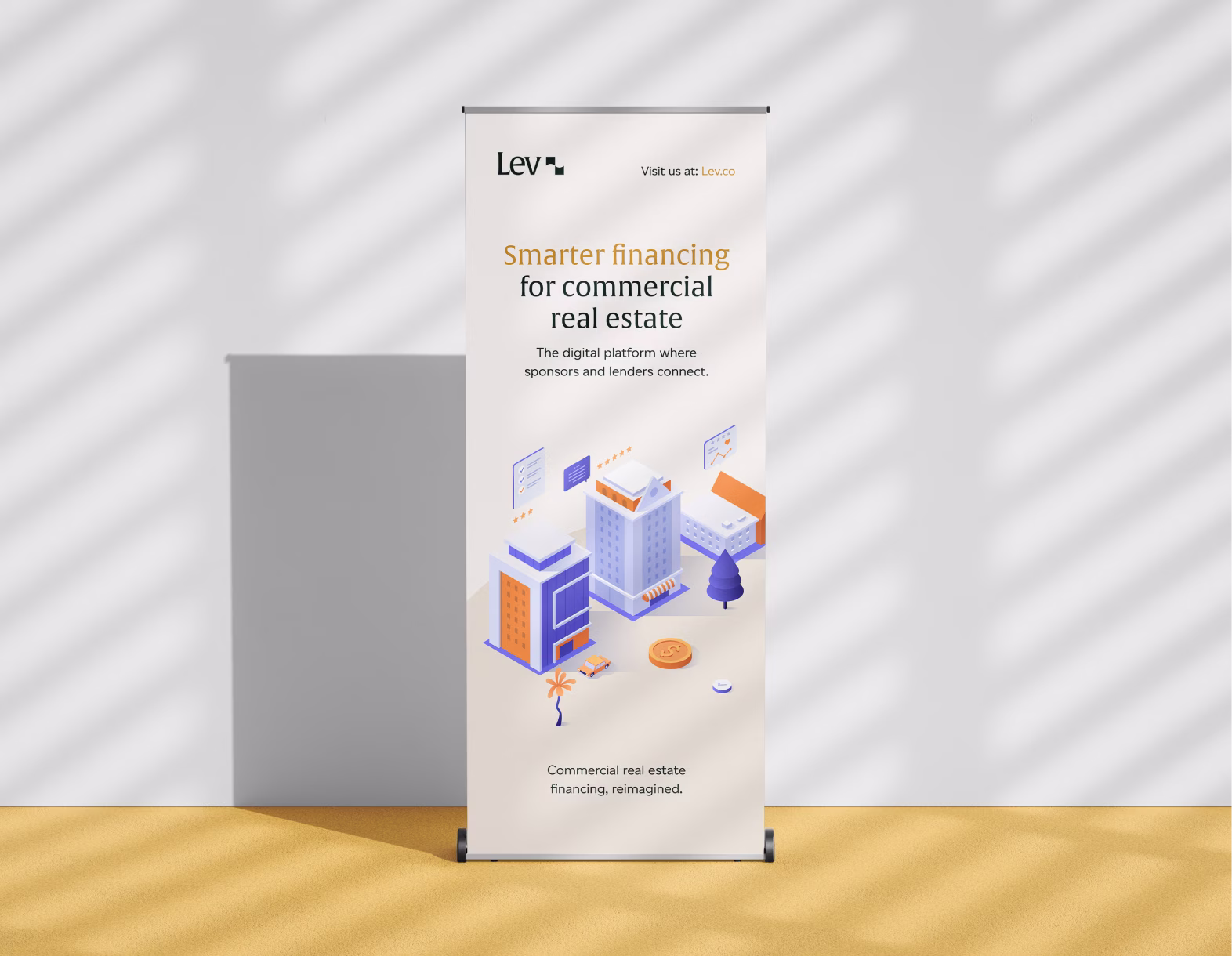 Banner showing Lev's smarter financing platform for commercial real estate with building illustrations.