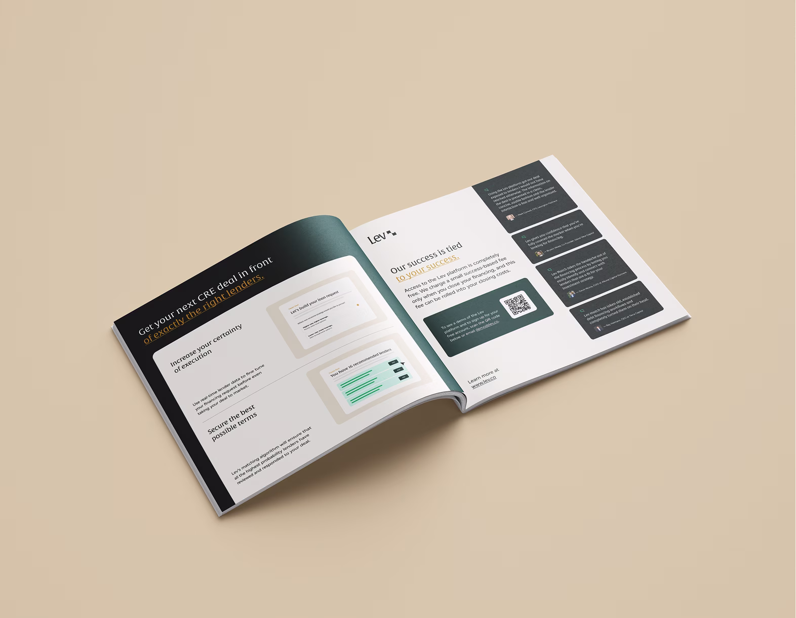 Open brochure with info on Lev platform benefits for CRE deals and lender recommendations.