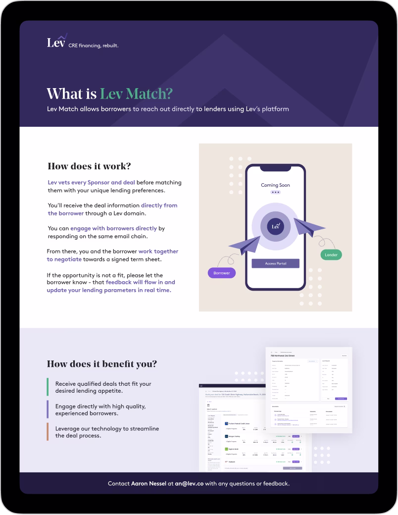 Tablet screen with Lev Match info, a CRE financing platform connecting borrowers and lenders directly.