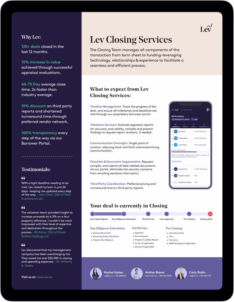 Tablet showing Lev Closing Services info with benefits, testimonials, service details, deal timeline, and contact info.