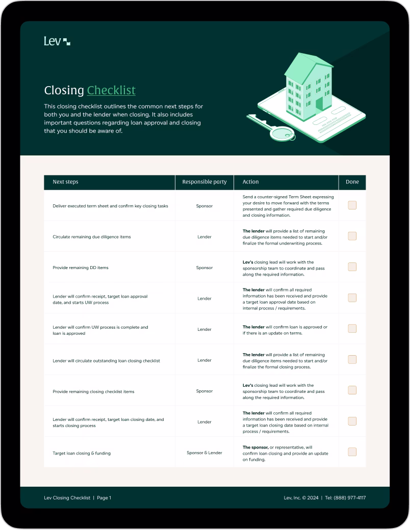 Tablet screen showing Lev Closing Checklist with steps, responsible parties, actions, and checkboxes.