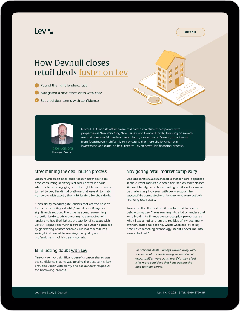 Tablet showing Lev's retail deal case study detailing how Devnull closes retail deals faster on Lev.