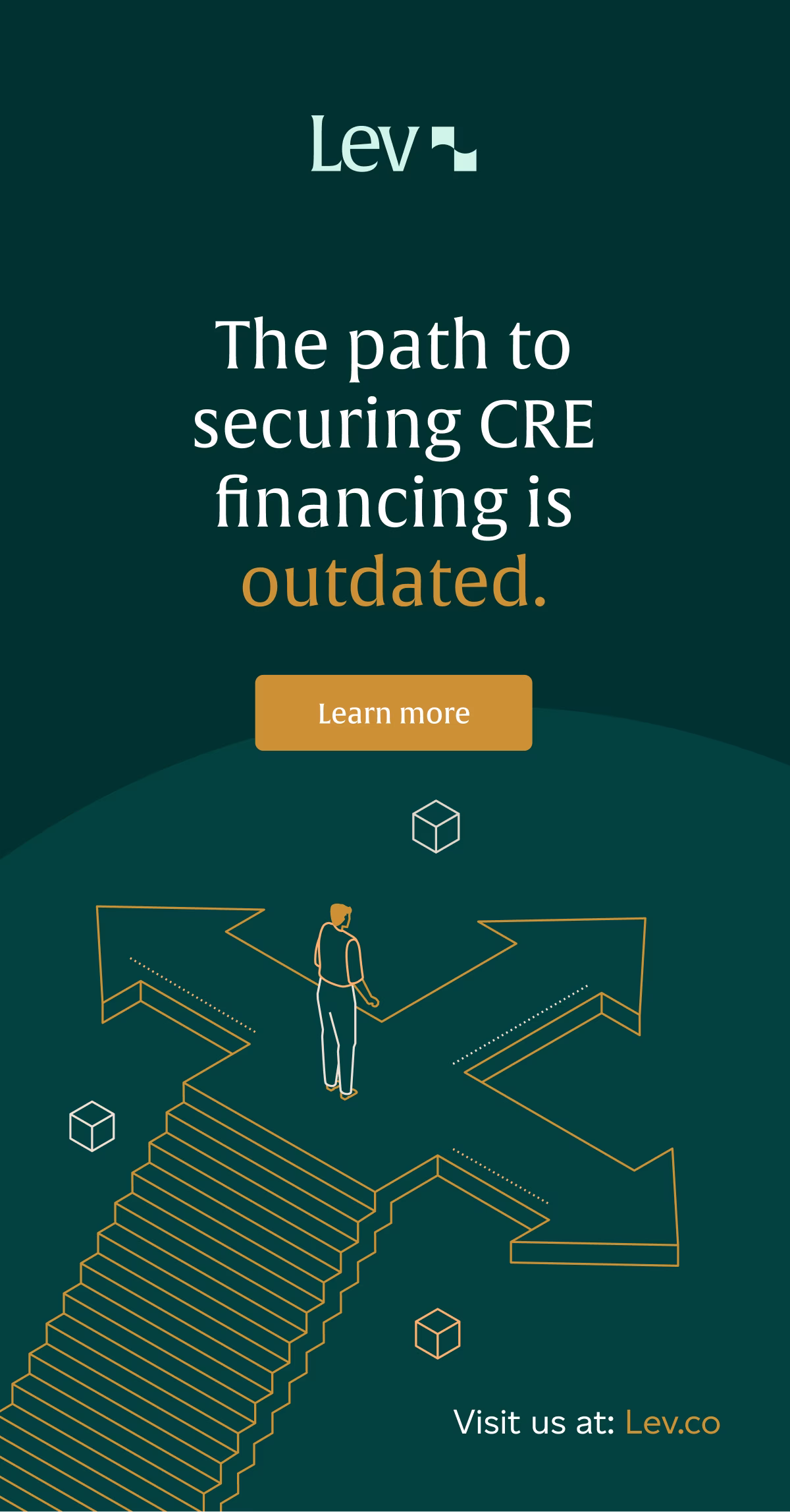 Illustration of person at stairs leading to three diverging arrows with text about CRE financing being outdated.