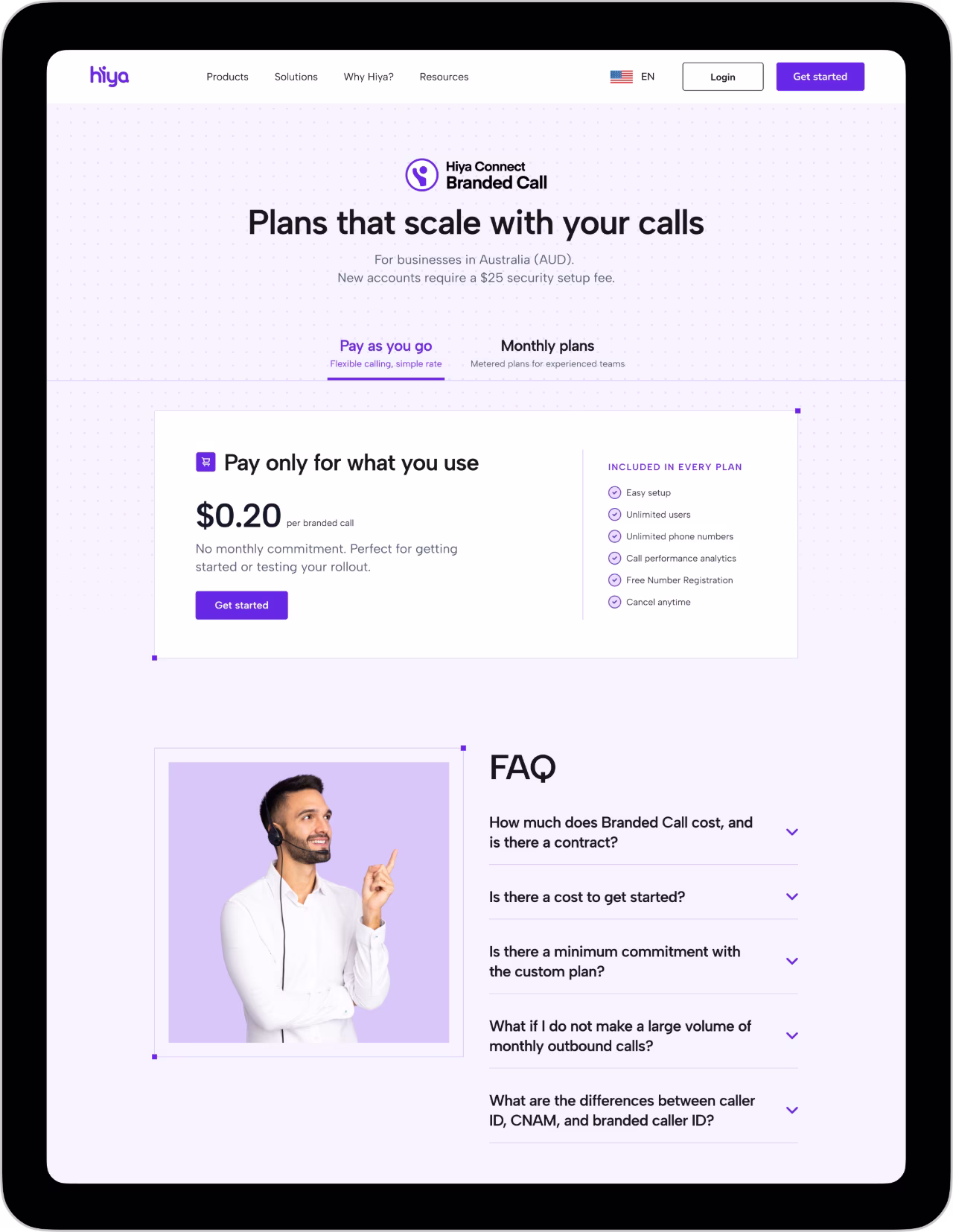 Hiya branded call plans webpage showing pay-as-you-go plan at 20 cents per call and FAQs with man wearing headset.