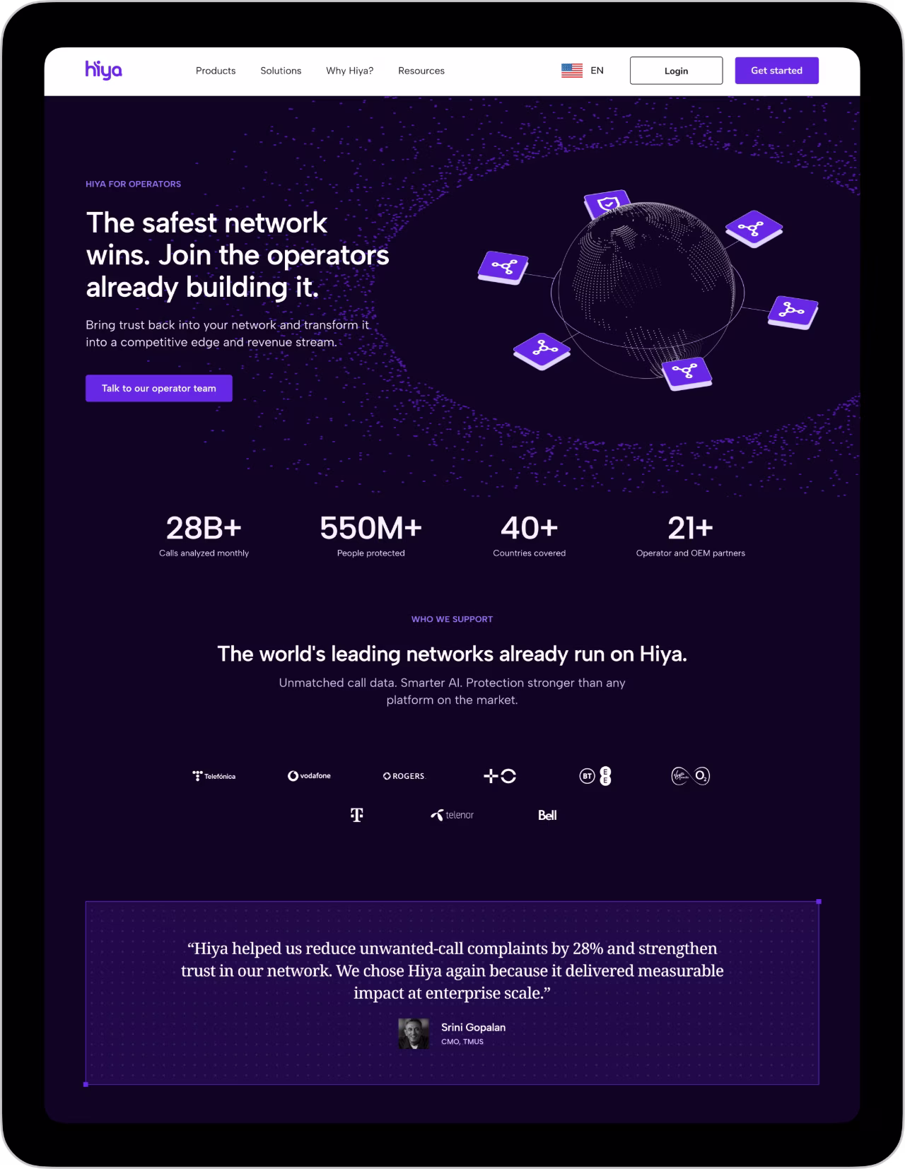 Hiya's network safety page showing global stats, operator logos, and a testimonial from Srini Gopalan, CMO.
