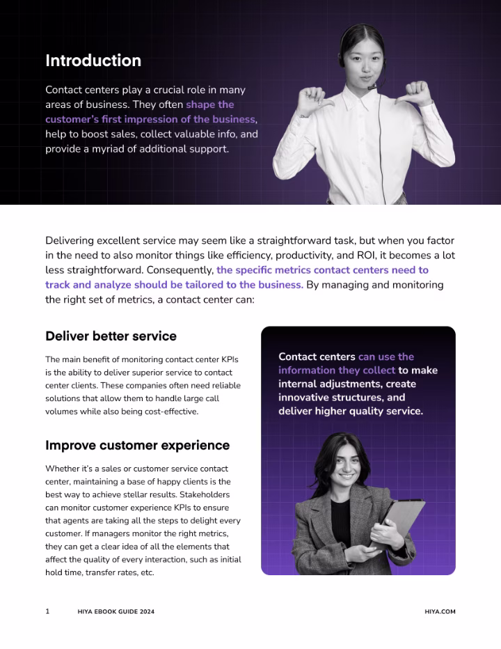 Page with text on contact centers and two images of headset call center agents, one woman pointing thumbs at herself.