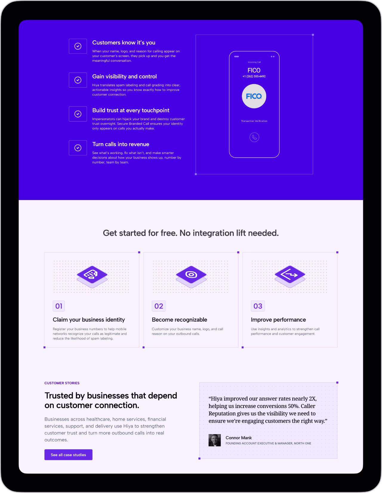 Tablet showing business call app benefits plus steps to claim identity, become recognizable, and improve calls.