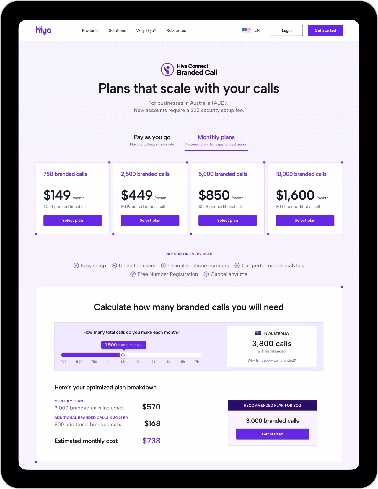 Hiya Connect branded call plans for businesses in Australia ranging from 750 to 10,000 calls monthly, with pricing.