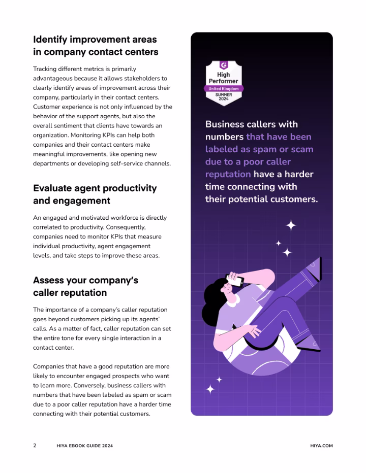 Page with tips on improving contact centers and a purple graphic of a person on phone about spam caller reputations.