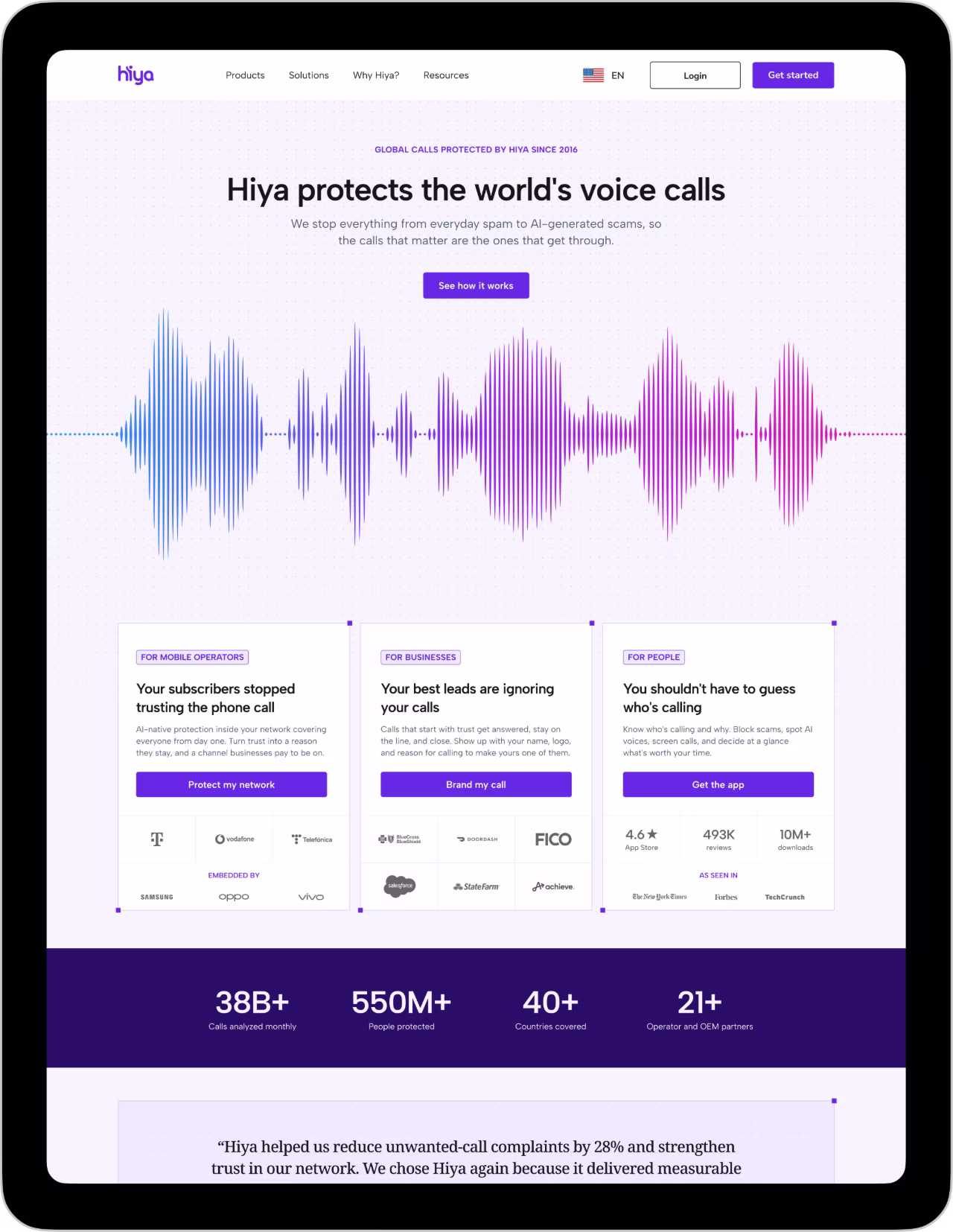 Hiya website on tablet showing voice call protection, service stats, and options for operators, businesses, and people.