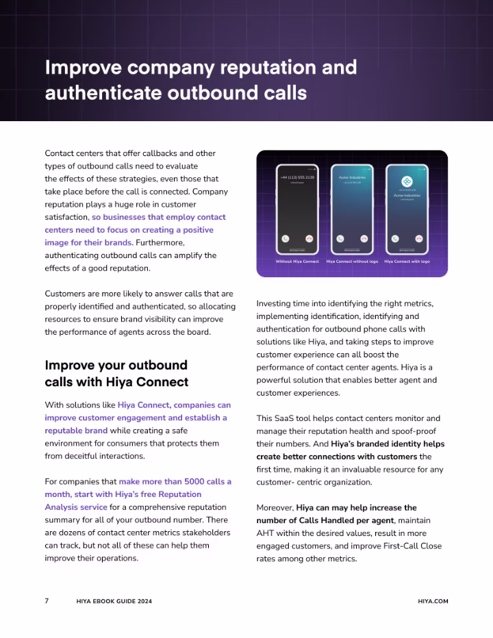 Page about improving company reputation and authenticating outbound calls with Hiya Connect solution.