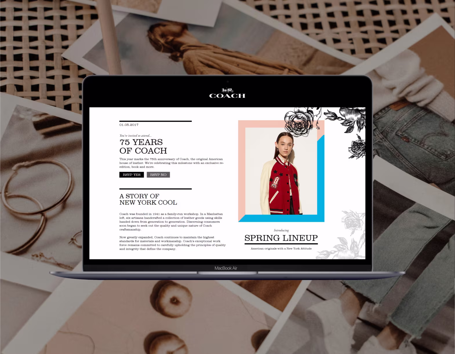 MacBook Air displaying Coach's 75th anniversary promo with model in red jacket for spring lineup.