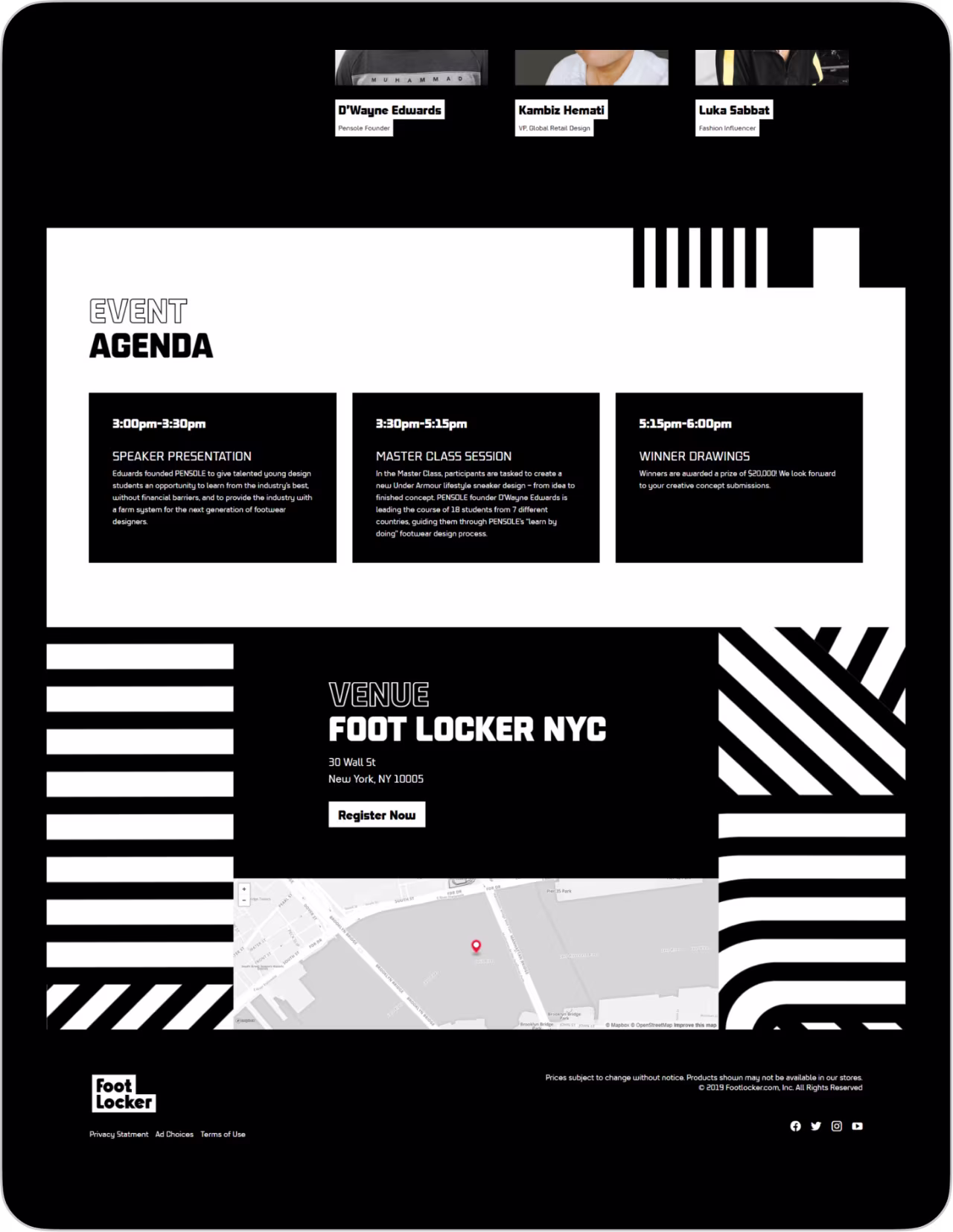 Event agenda with speaker session, master class, winner drawings, and venue Foot Locker NYC with map and register button.