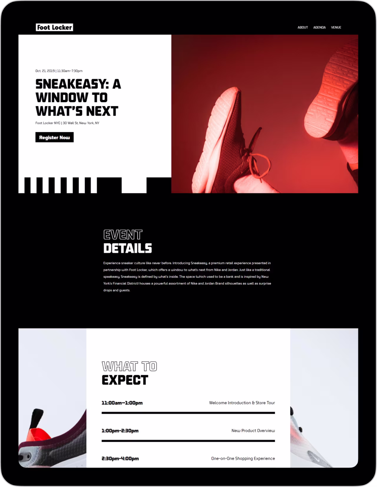Foot Locker's Sneakeasy event details and schedule with sneaker images on red and white backgrounds.