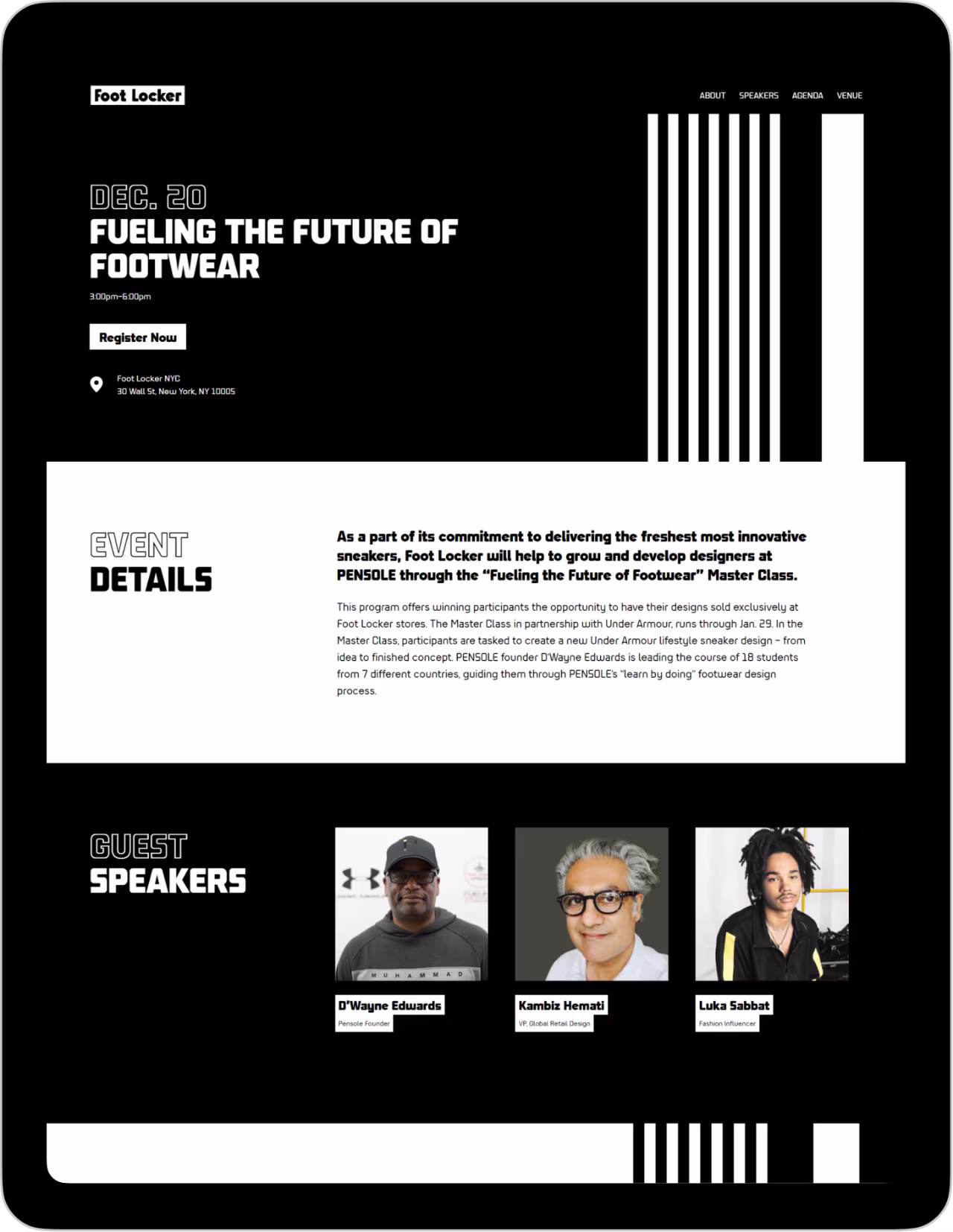 Foot Locker event on Dec 20 about future of footwear with speakers D'Wayne Edwards, Kambiz Hemati, Luka Sabbat.