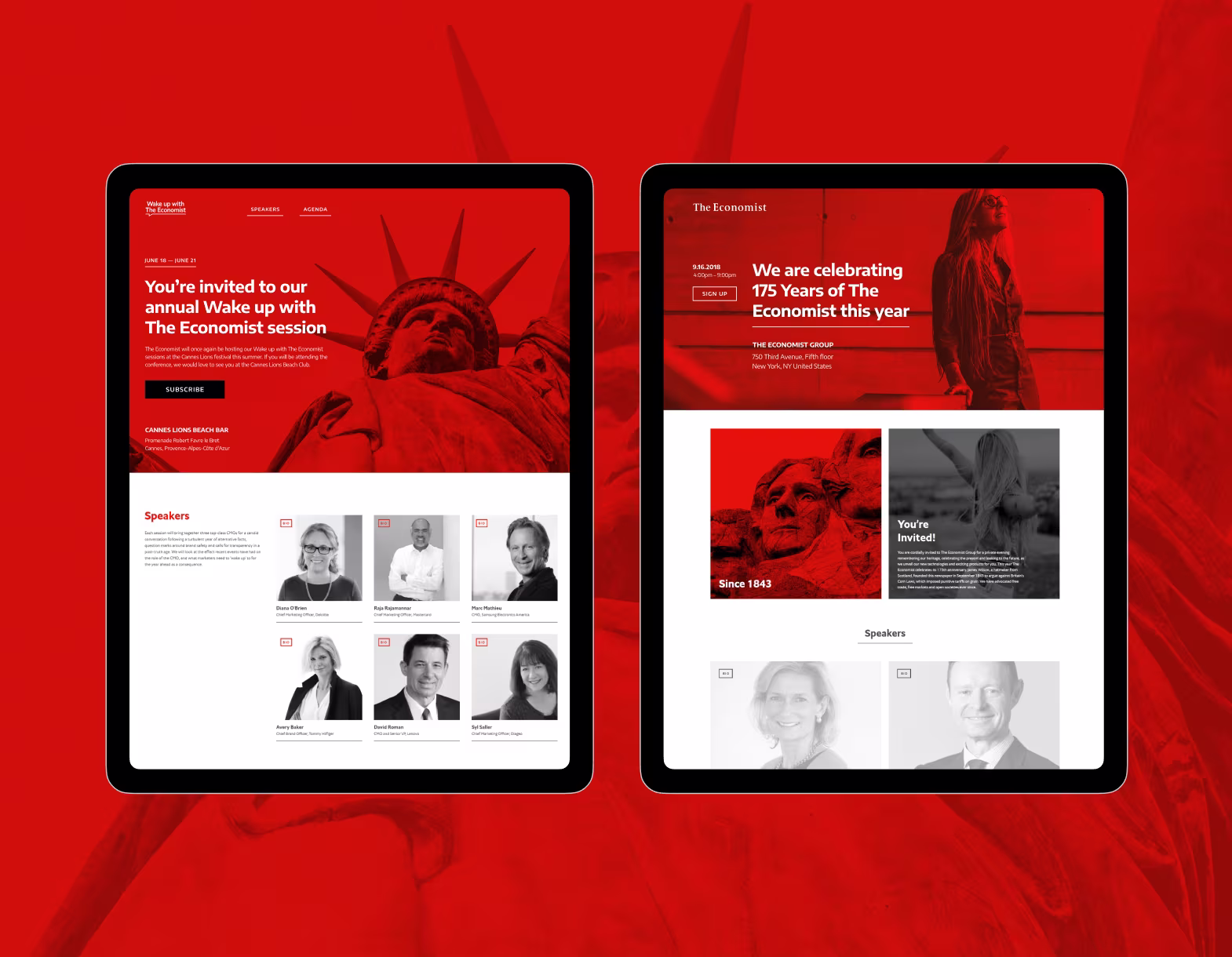 Two tablets show event pages celebrating The Economist, featuring speakers and a Statue of Liberty image.