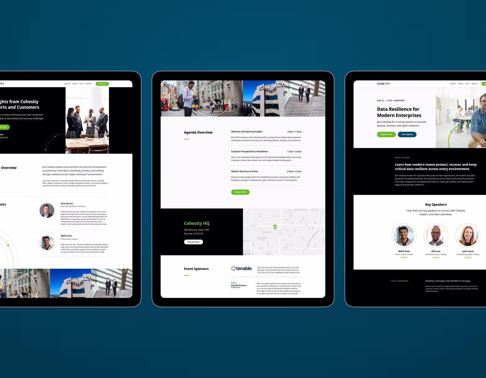 Three digital tablet screens showing Cohesity event pages with speakers, agenda, sponsors, and registration.