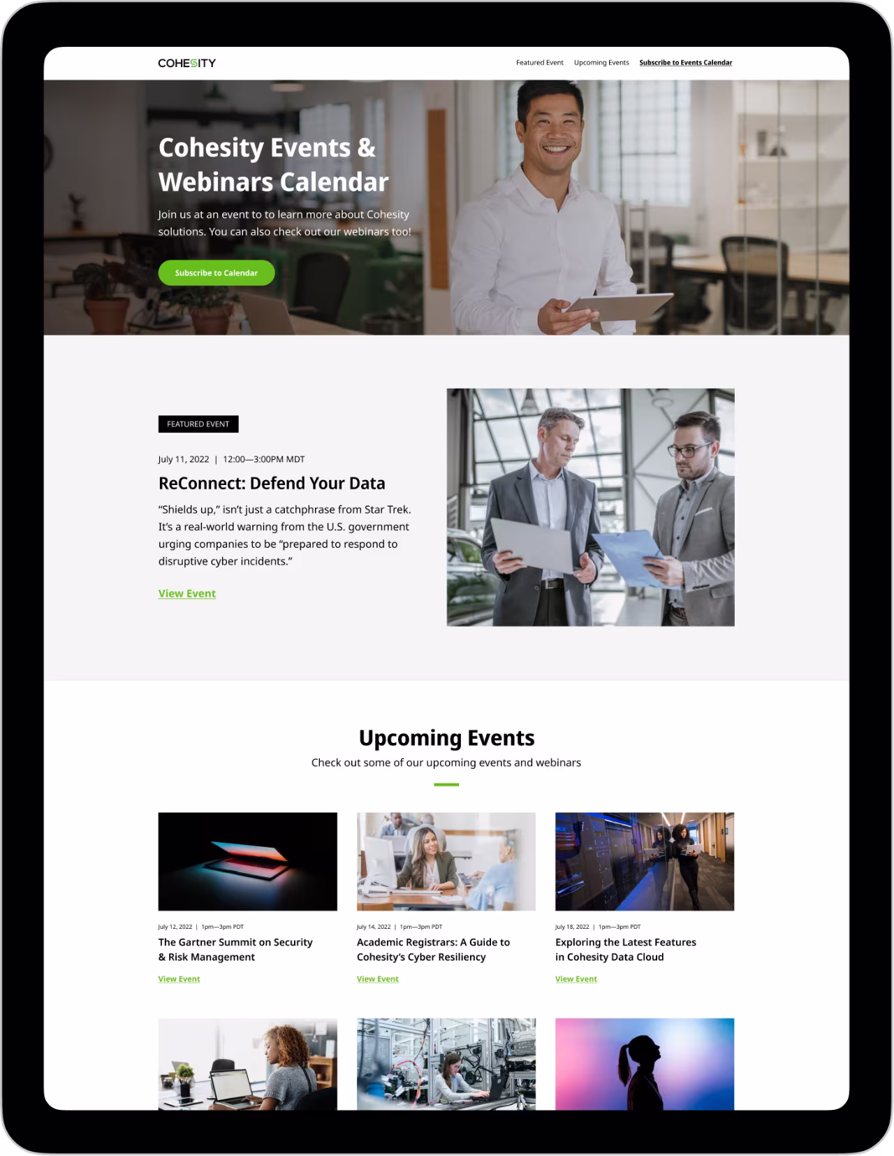 Tablet screen showing Cohesity Events & Webinars Calendar with featured and upcoming events listed.