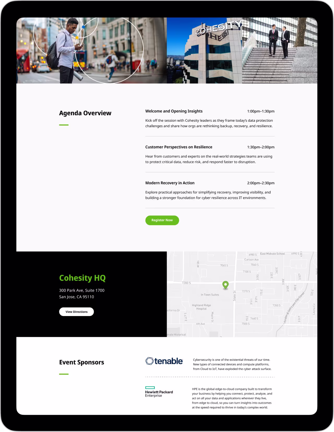 Tablet screen showing Cohesity event agenda, HQ address with map, and sponsor logos Tenable and Hewlett Packard.