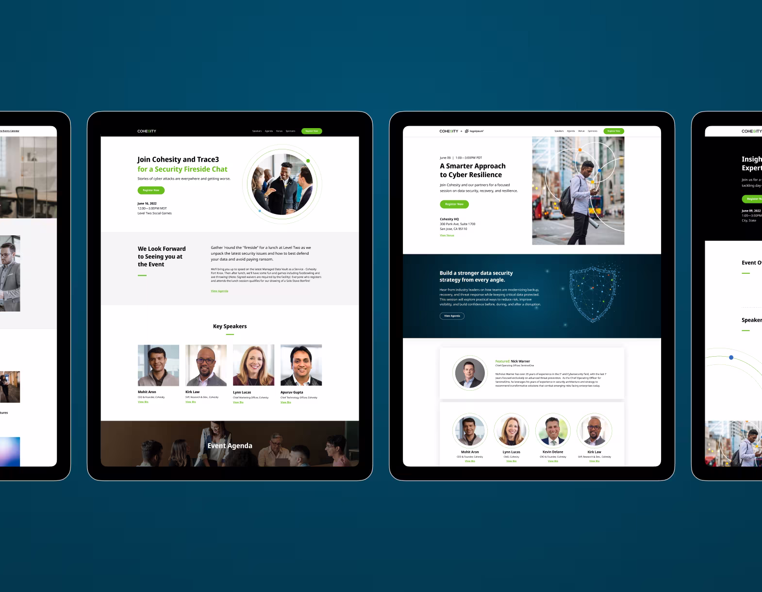 Four tablet screens showing event pages with cybersecurity talks, speakers, and registration details.