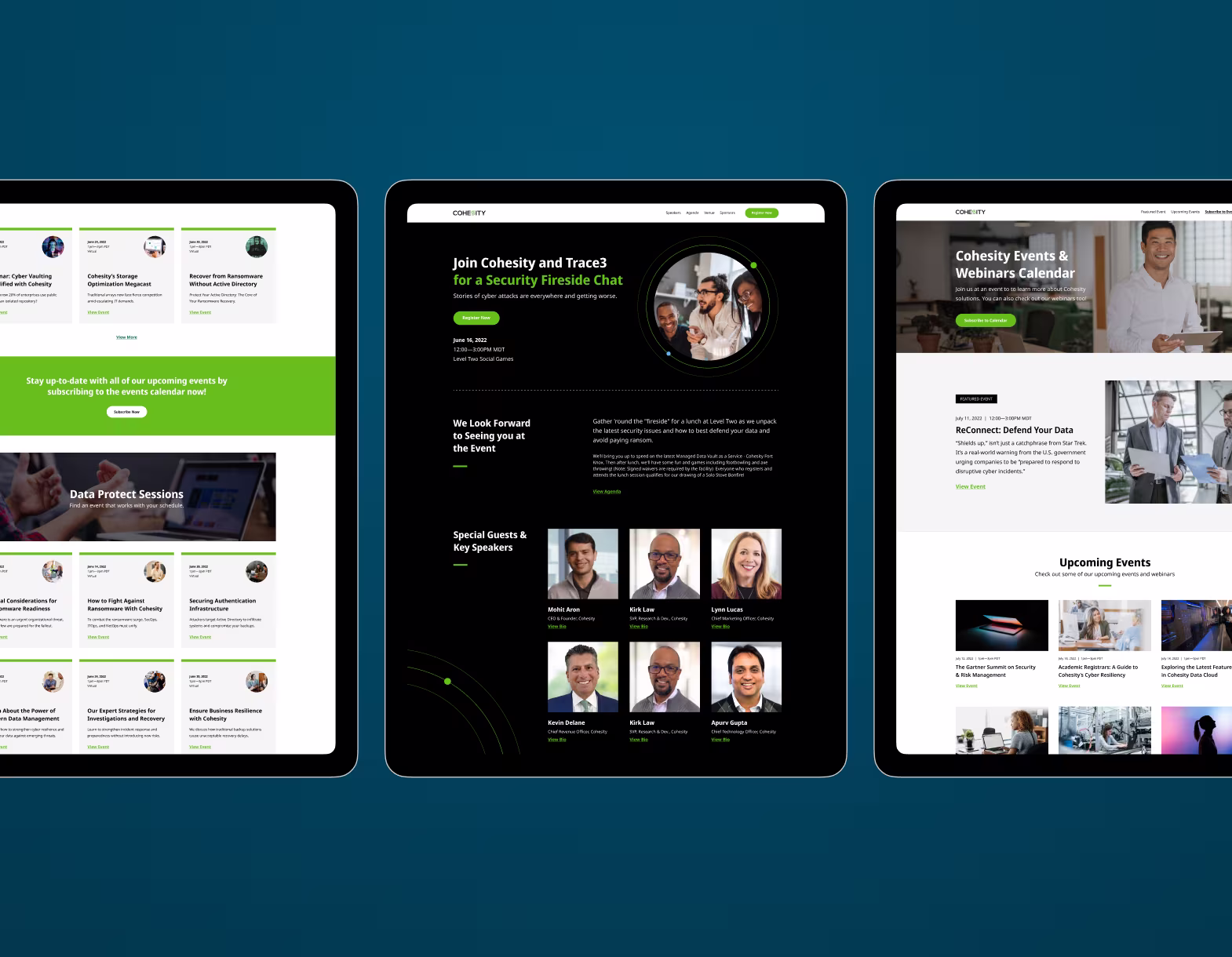 Three tablet screens display Cohesity event info, webinars, speakers, and upcoming sessions.