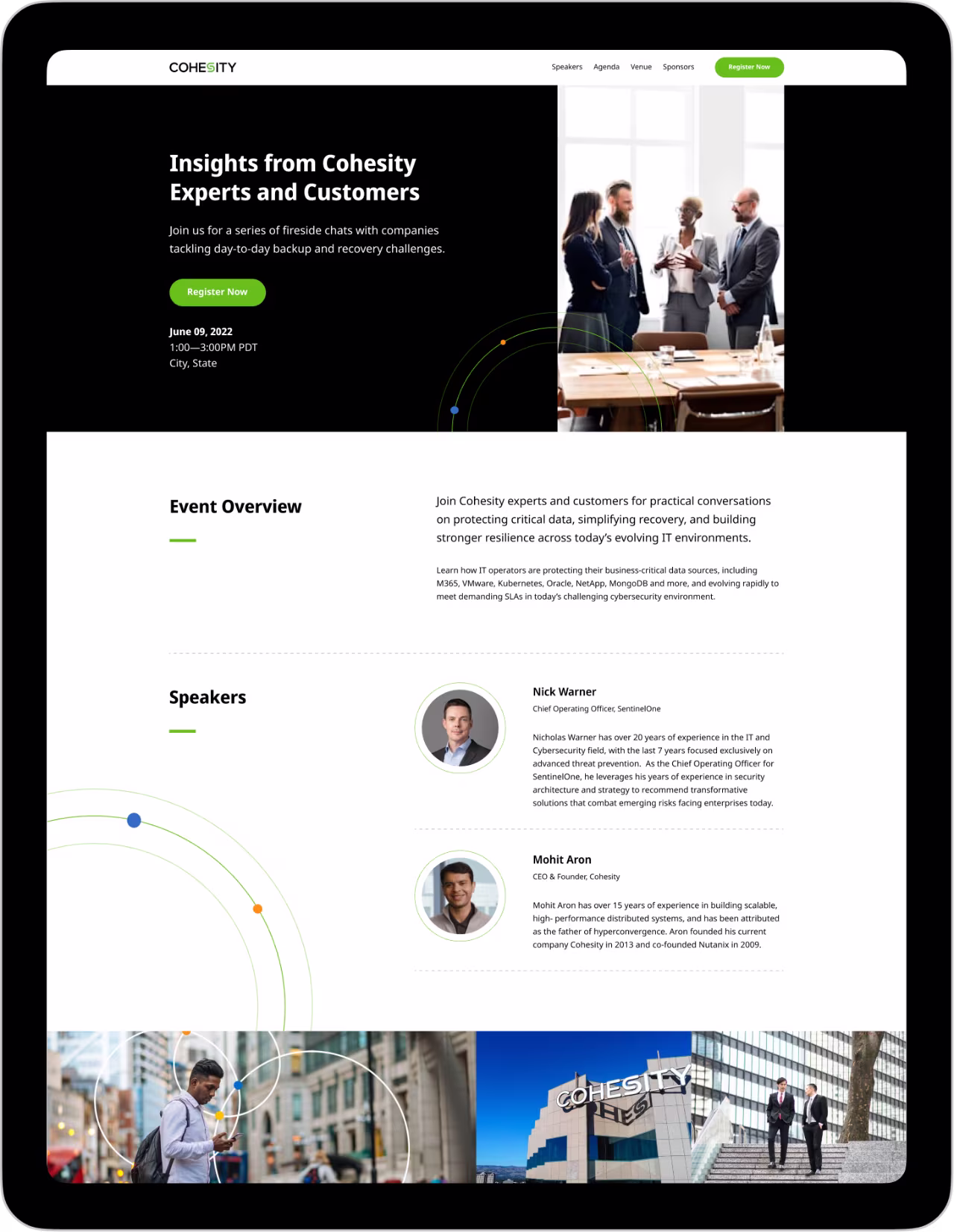 Webpage for Cohesity event with expert speakers, event details, and business meeting photo.