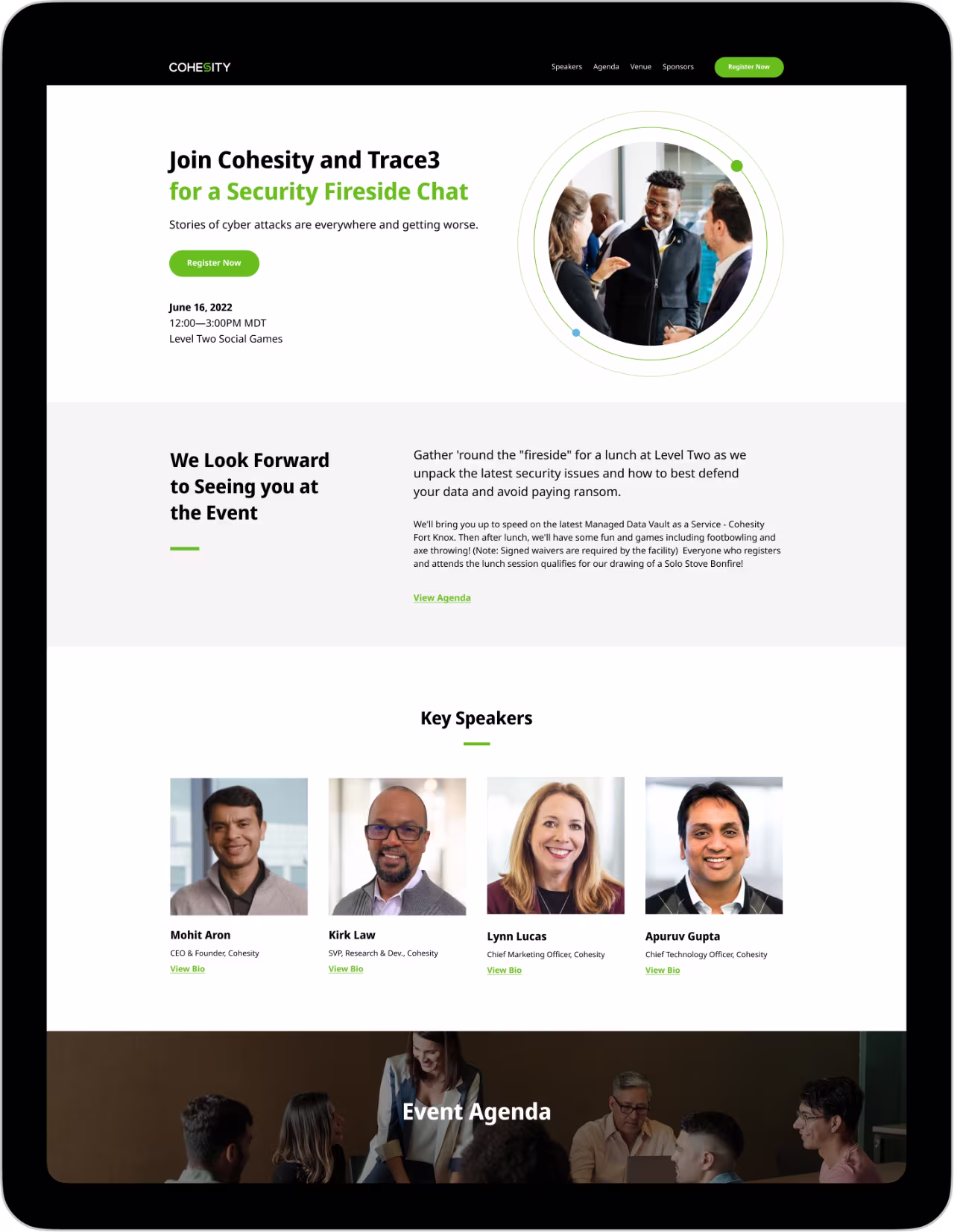 Cohesity event webpage with security chat info, key speakers, and registration details.