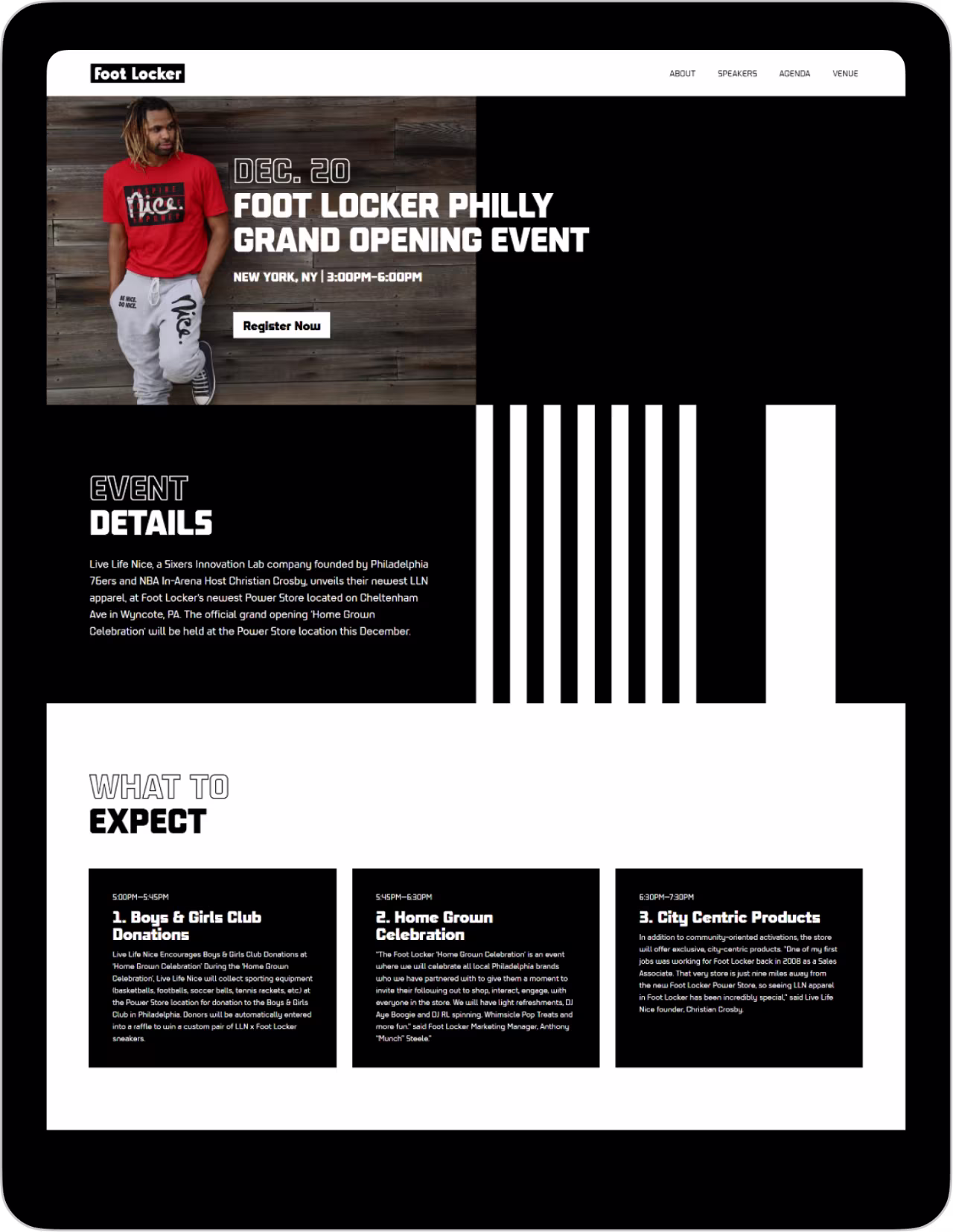 Foot Locker Philly grand opening event on Dec. 20, 3-6 PM, with event details and what to expect listed.