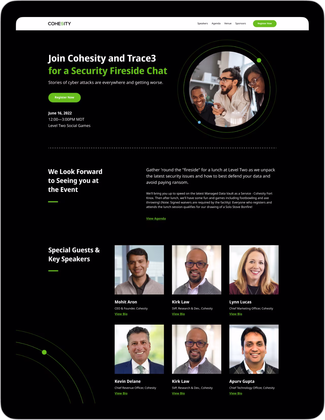 Event page inviting to Cohesity and Trace3 security chat June 16, 2022 with speakers and registration button.