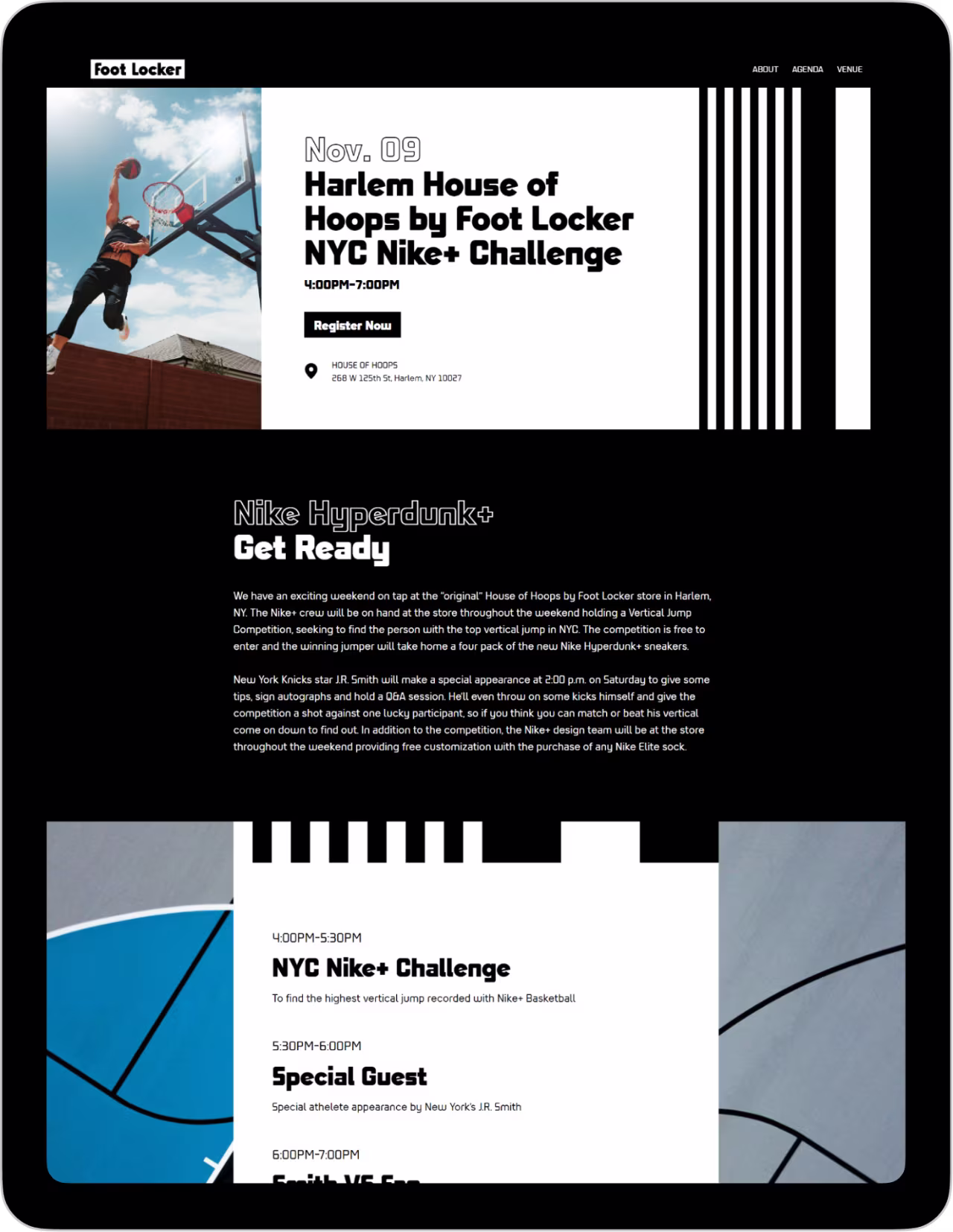 Website page for Harlem House of Hoops NYC Nike+ Challenge with basketball dunk image and event details.
