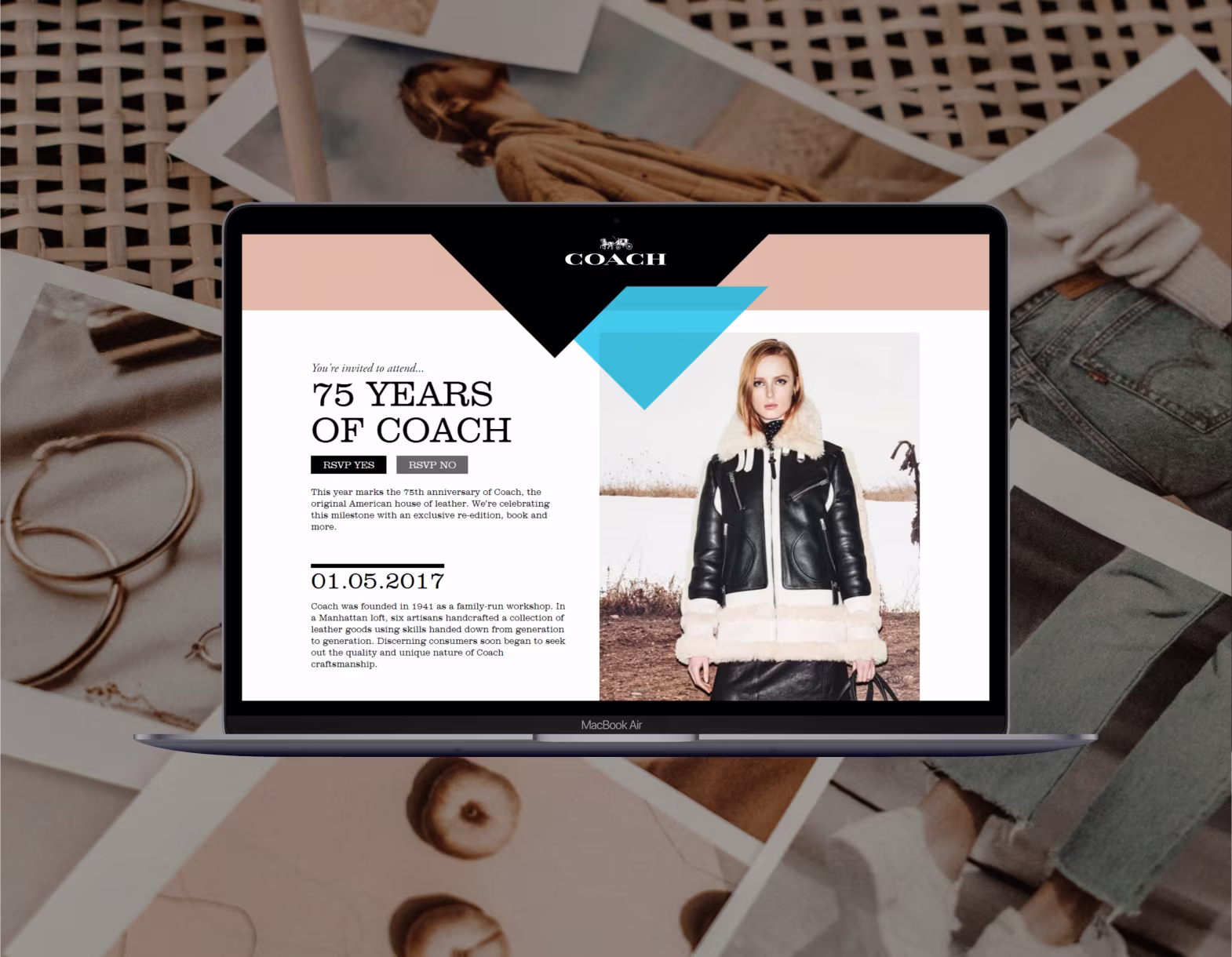 Laptop displaying Coach 75 years anniversary invitation with model in leather jacket and event details.
