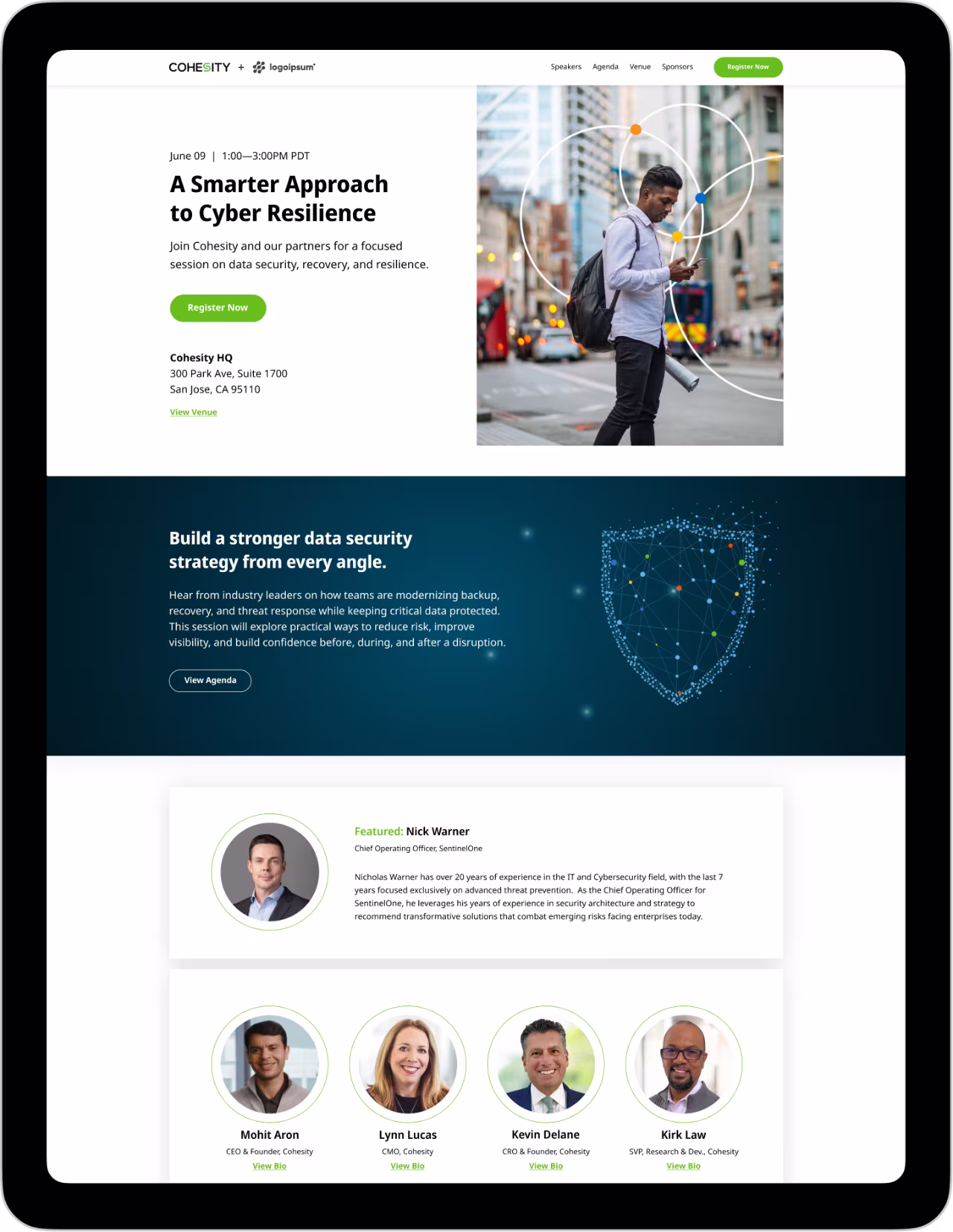 Event page on tablet for Cohesity's cyber resilience session with speaker bios and registration details.
